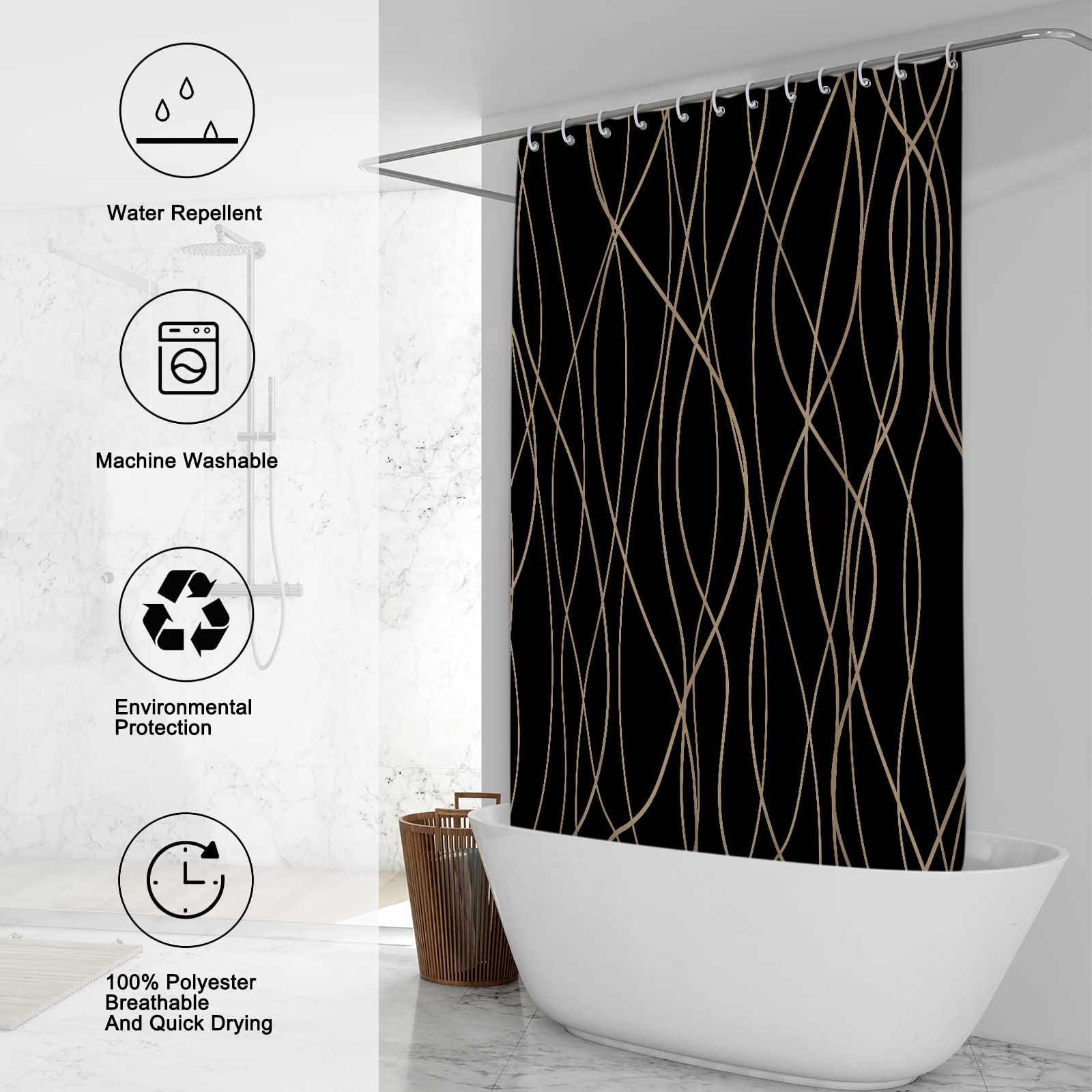 Punkray Black and Brown Striped Wavy Line Fabric Shower Curtain for Bathroom with 12 Hooks  Shower Curtains for Bathroom 72 Inches Long  Weighted Hem Waterproof Bath Accessories Hotel Style