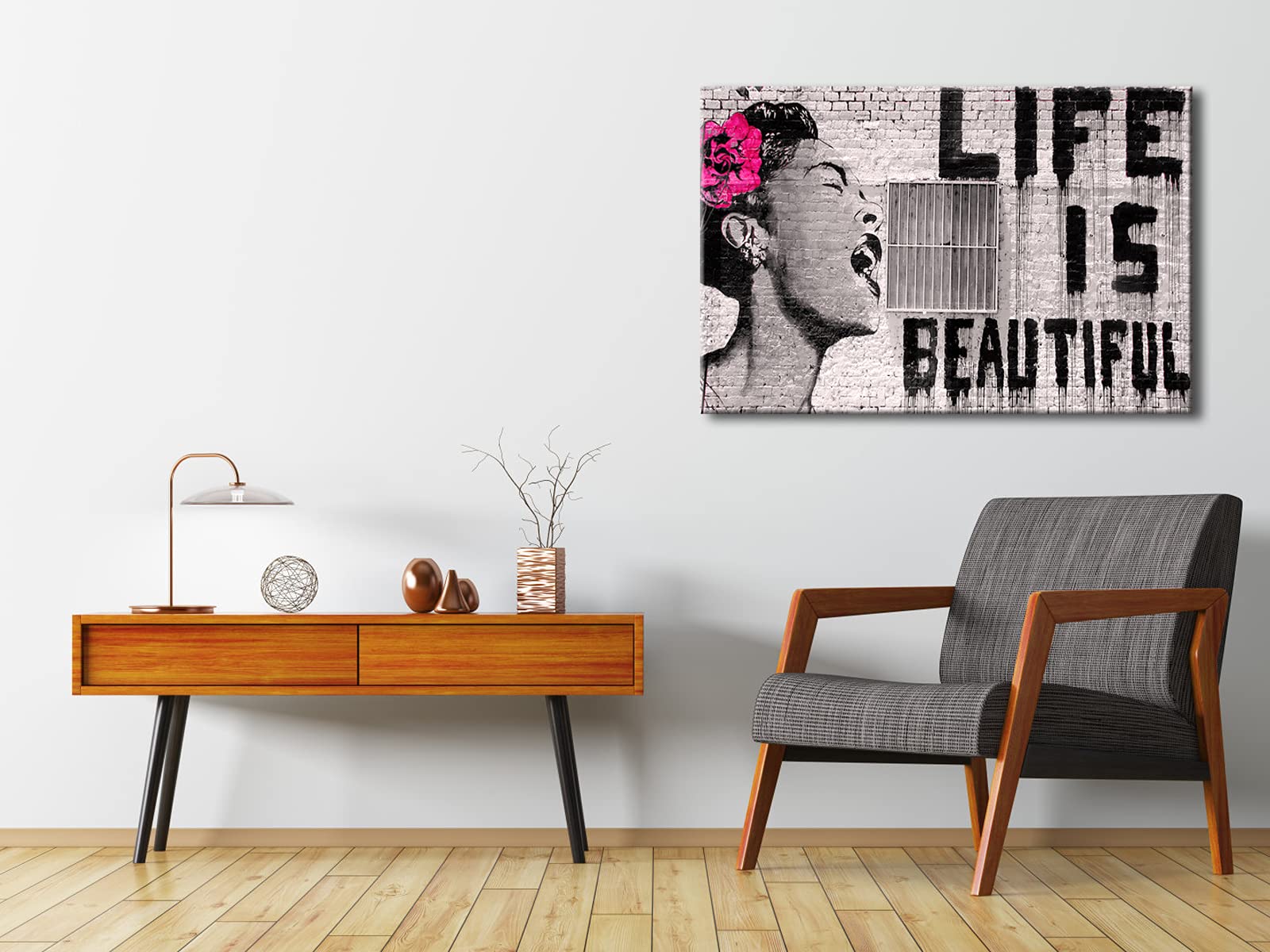 Pyradecor Large Banksy Life Is Beautiful Artwork Modern Grey Love Pictures Paintings Canvas Wall Art For Bedroom Living Room Hom