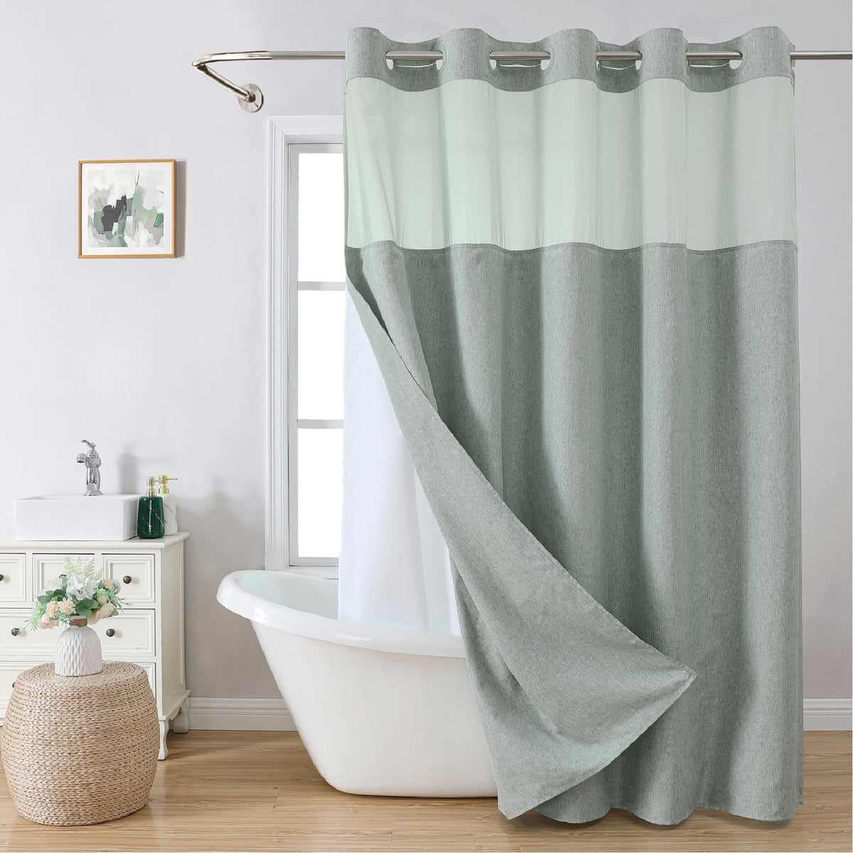 Eachope No Hooks Needed Linen Textured Shower Curtain With Snap-In Fabric Liner Set,Sage Green Hotel Luxury Decor Shower Curtain