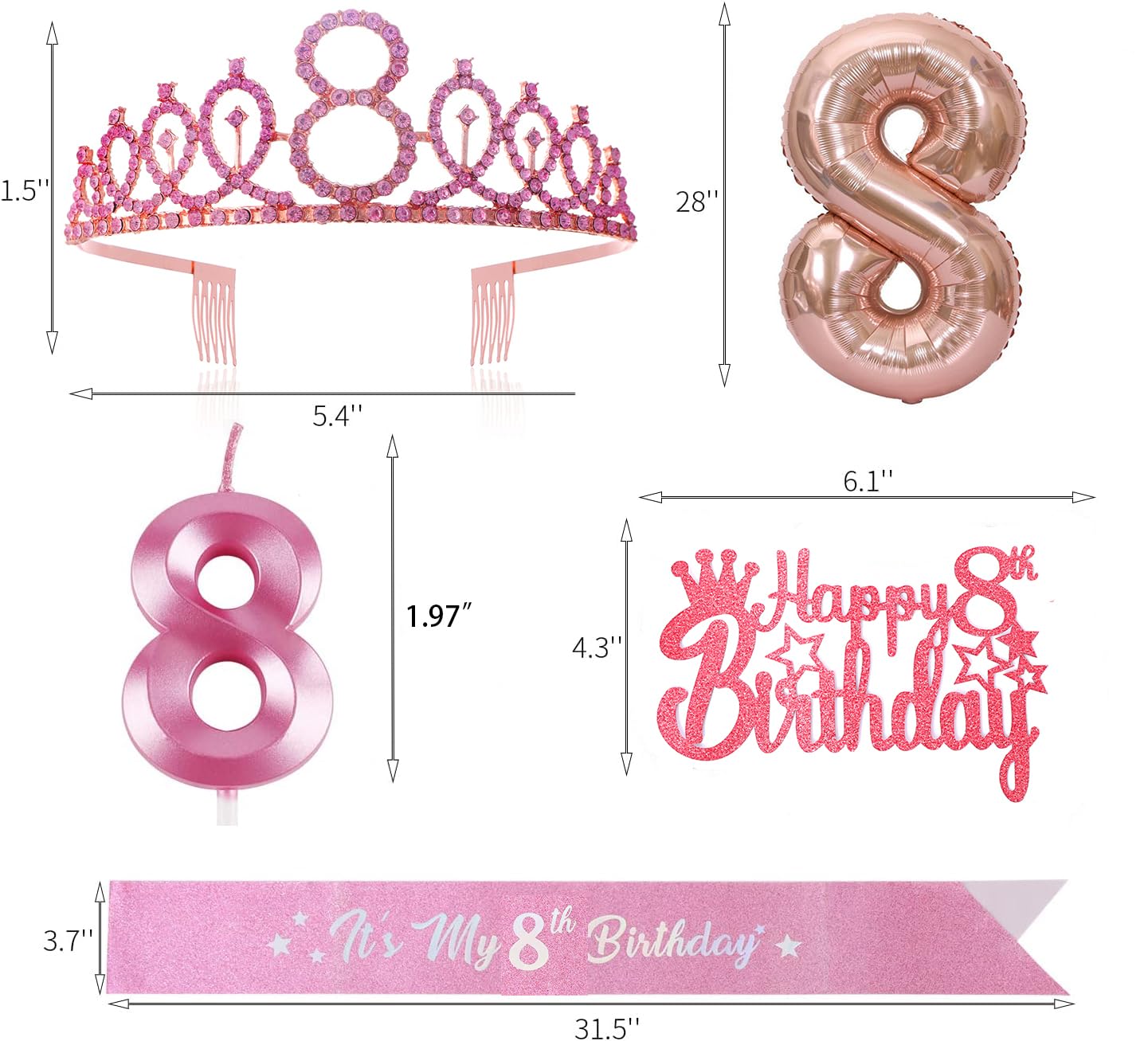 8Th Birthday Candle Sash And Tiara Sets,It'S My 8Th Birthday Sash Rhinestone Crown Happy Birthday Cake Topper 32Inch Foil Balloo