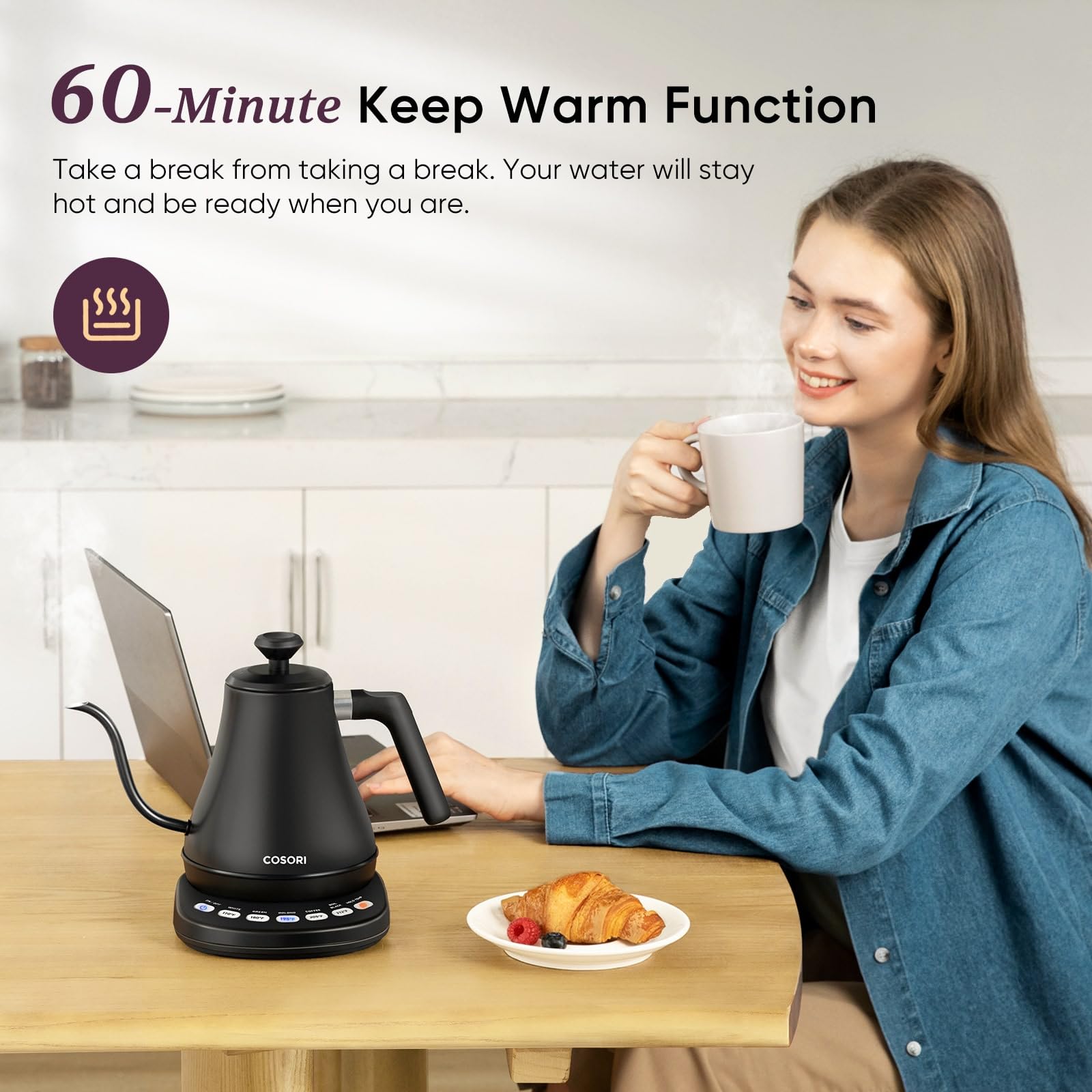 COSORI Electric Gooseneck Kettle with 5 Variable Presets  Pour Over Kettle & Coffee Kettle  100% Stainless Steel Inner Lid & Bottom  1200 Watt Quick Heating  0.8L  Matte Black