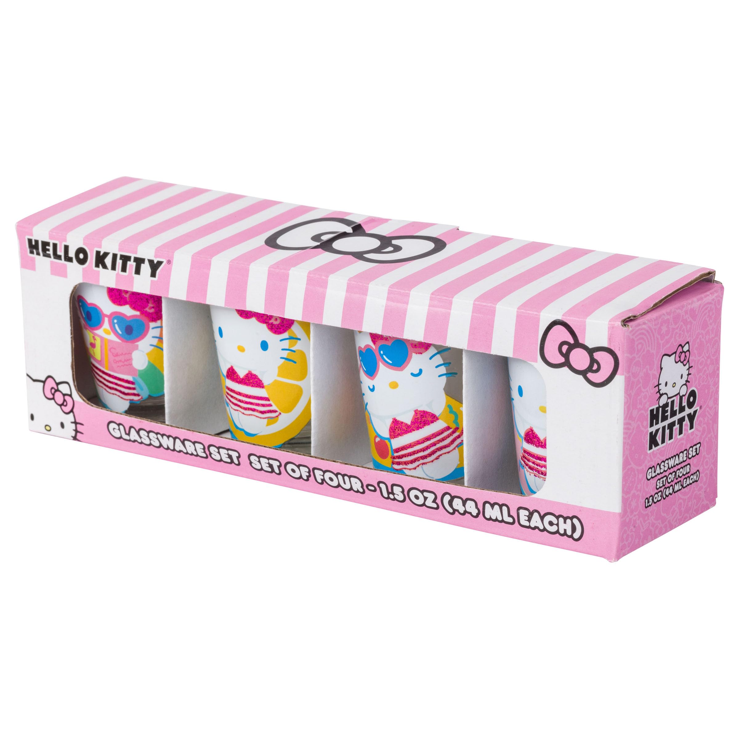 Silver Buffalo Sanrio Hello Kitty Summer Pool Floatie Glitter 4 Pack Mini Glass Set, 1.5 Ounces