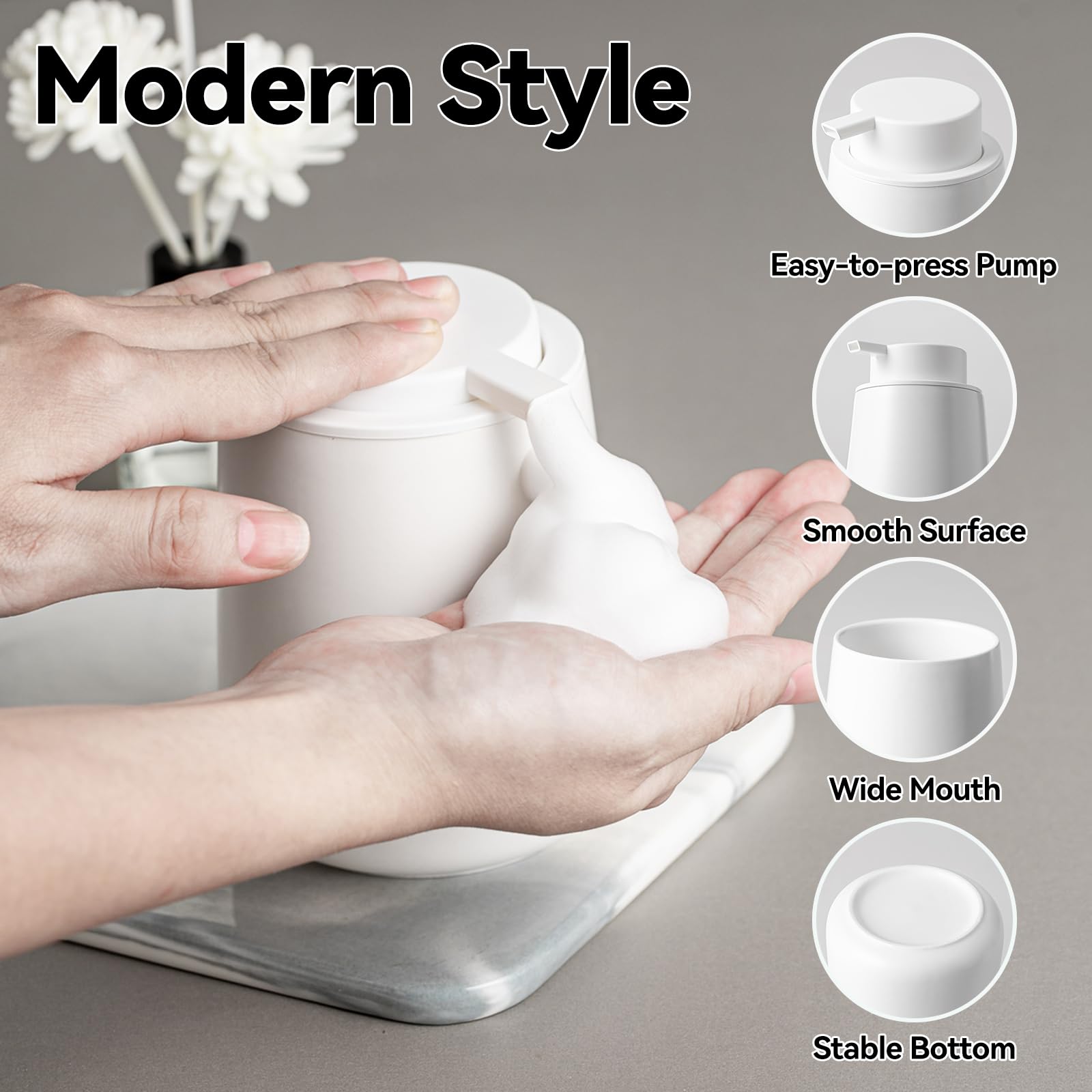 Azmoyac Foaming Soap Dispenser - 12 Oz White Ceramic Foam Hand Soap Dispenser For Bathroom, Face Wash Dispenser Bottle With Foam