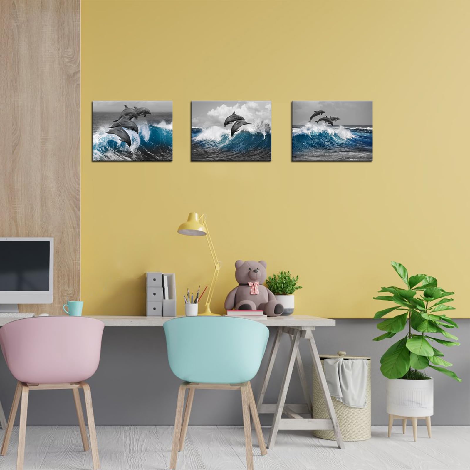 Biuteawal 3 Piece Dolphin Wall Art Grey Blue Ocean Sea Animal Picture Bathroom Decor Marine Painting Prints on Canvas Framed Home Child Bedroom Bathroom Wall Decoration Ready to Hang