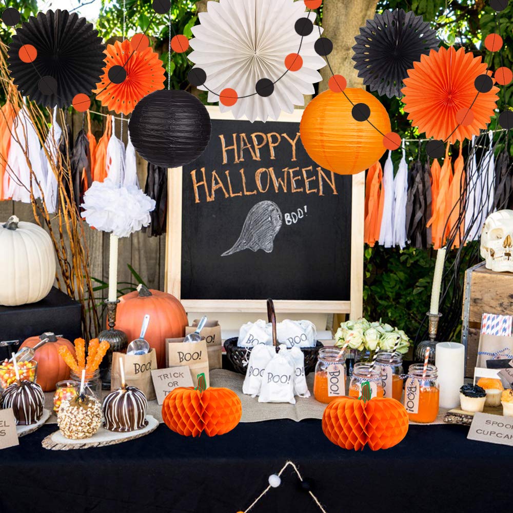Halloween Party Decorations Supplies Kit Hanging Paper Lanterns Tissue Paper Fan Pumpkins Round Garland For Halloween Party Nigh