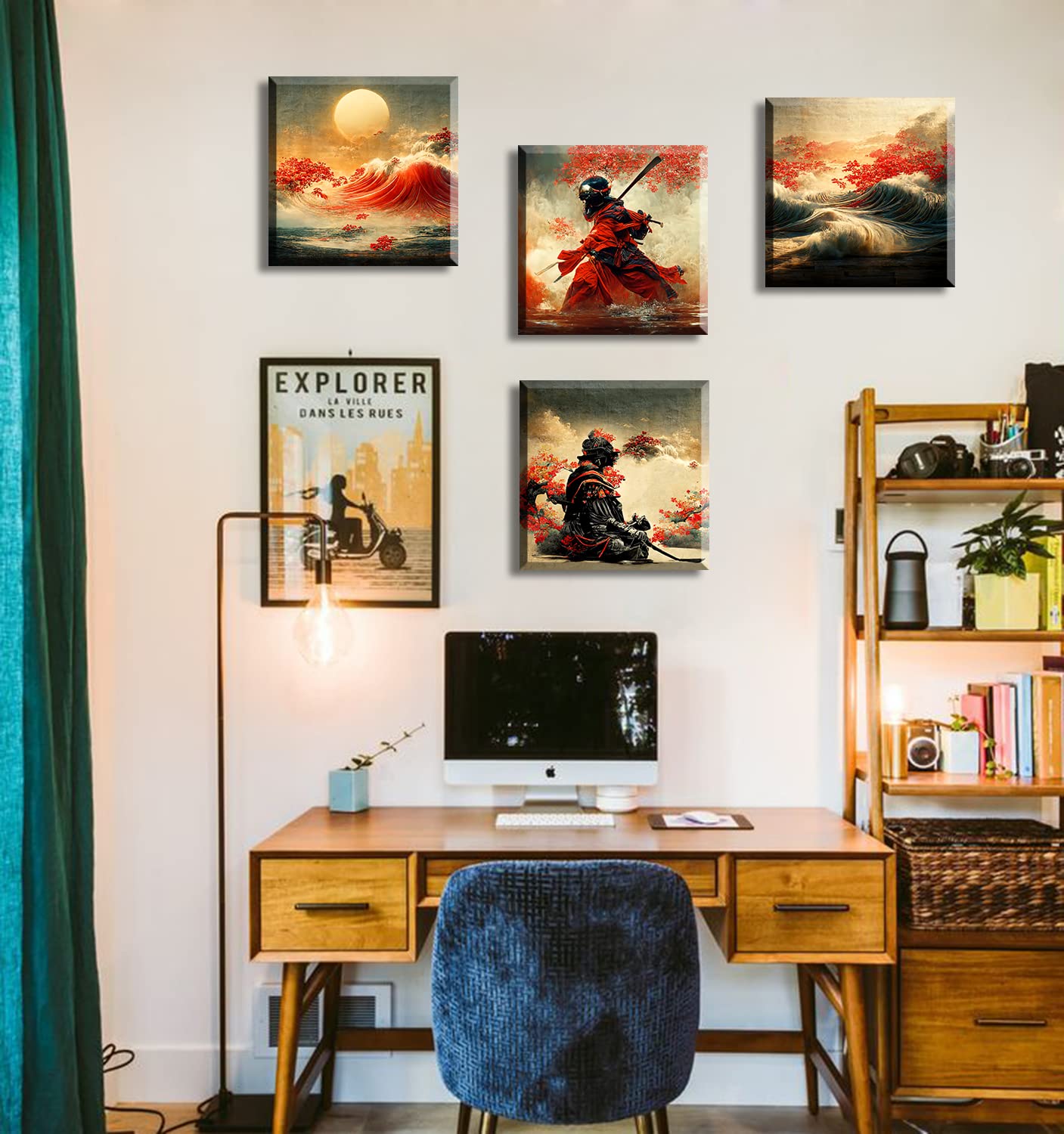 JiazuGo Japanese Wall Art - Japanese Armored Samurai art Painting Anime Posters Wall Decor Asian Warrior Figure Decor for Home Red Plum Blossom Vintage Canvas Ocean Decor Modern Living Room Bedroom
