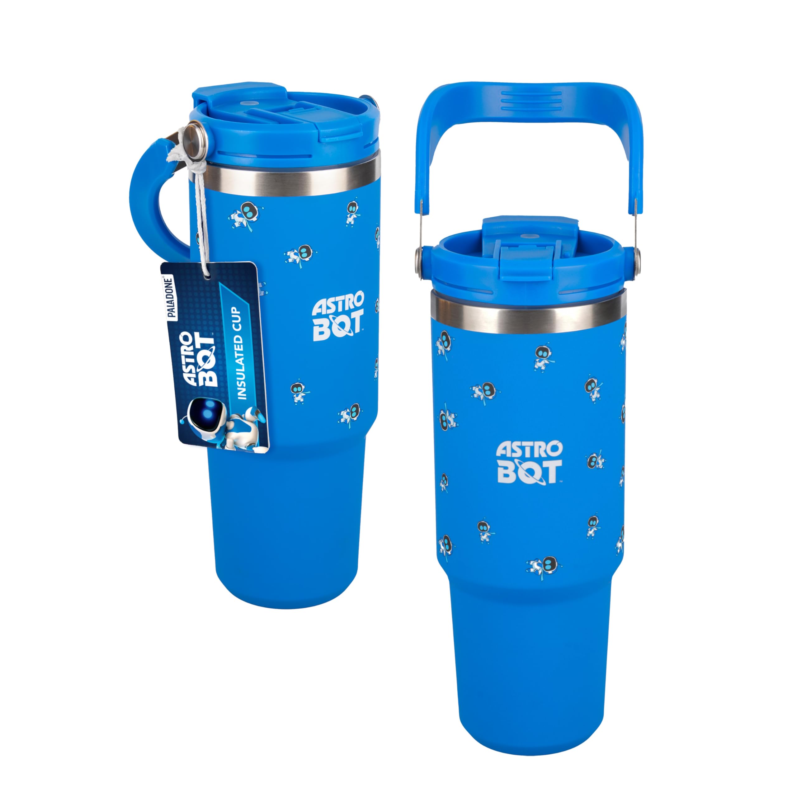 Paladone Astro Bot 900ml Insulated Tumbler with Handle and Straw, Slim Car Cup Holder Base, Officially Licensed Drinkware