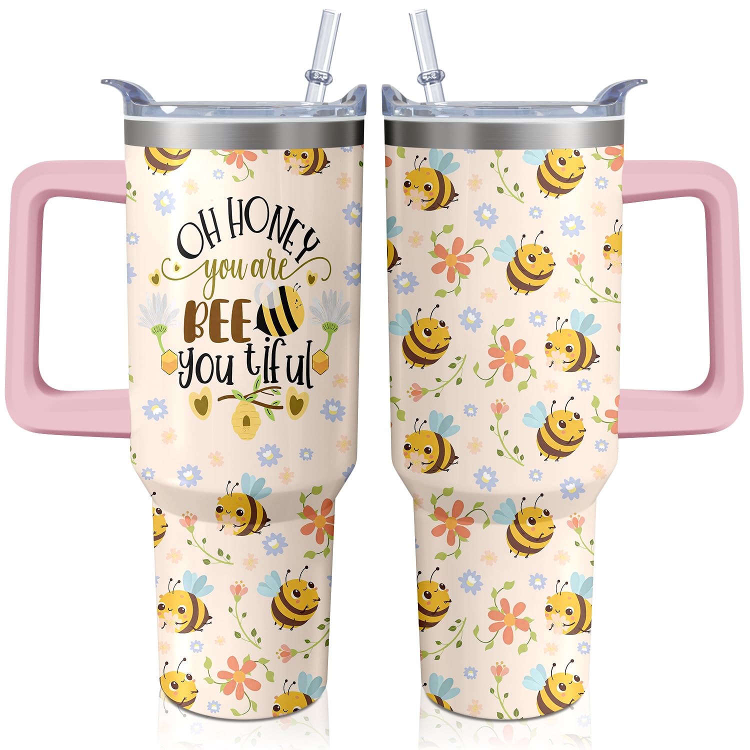 Xchearser Bee Tumbler with Handle and Straw, 40oz Pink Travel Coffee Mug Water Bottle with Lid, Stainless Steel Insulated Cup, B