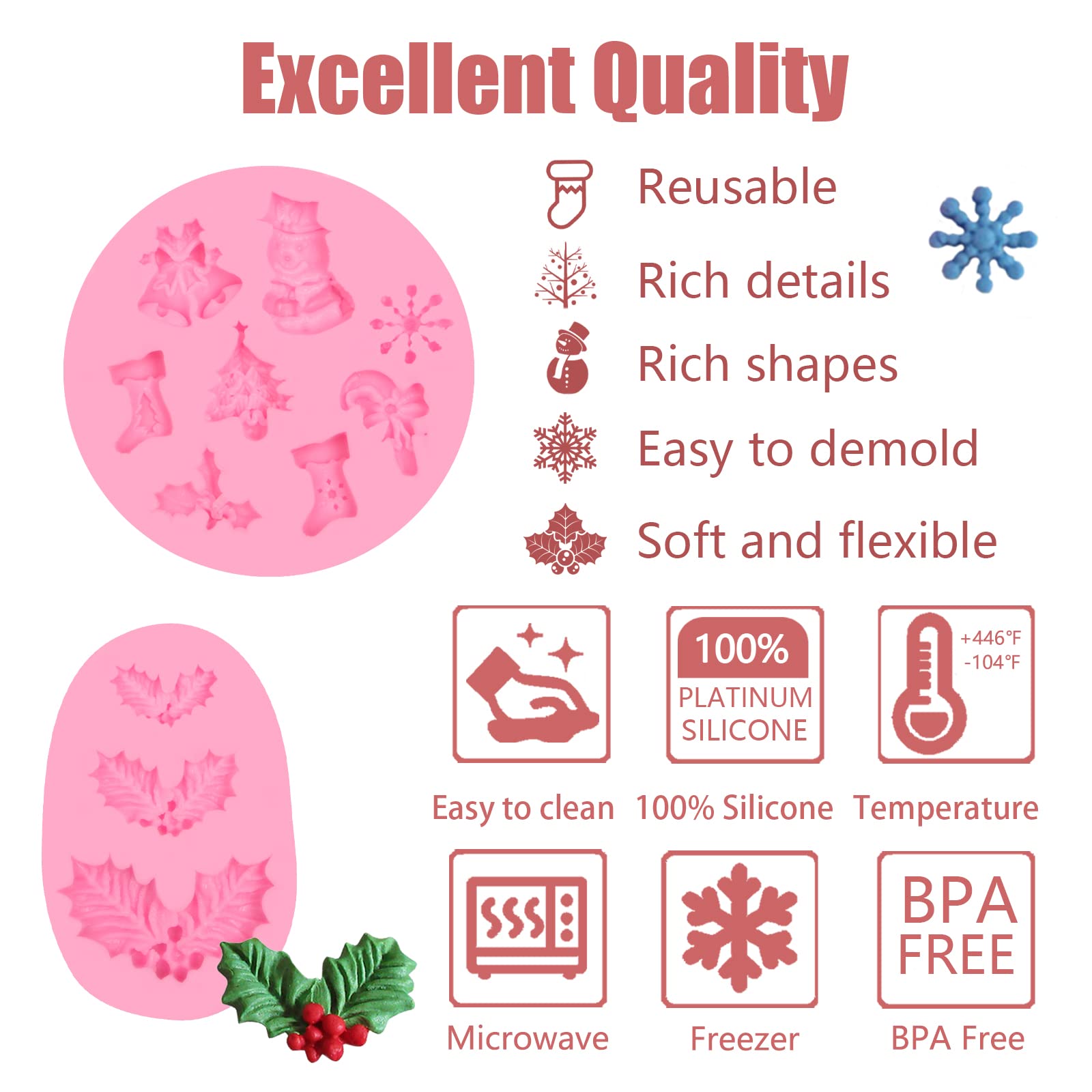 Christmas Snowflake Fondant Silicone Molds 3 Pcs, Christmas Holly Leaf Sock Walking Stick Chocolate Mold For Cake Decoration Can