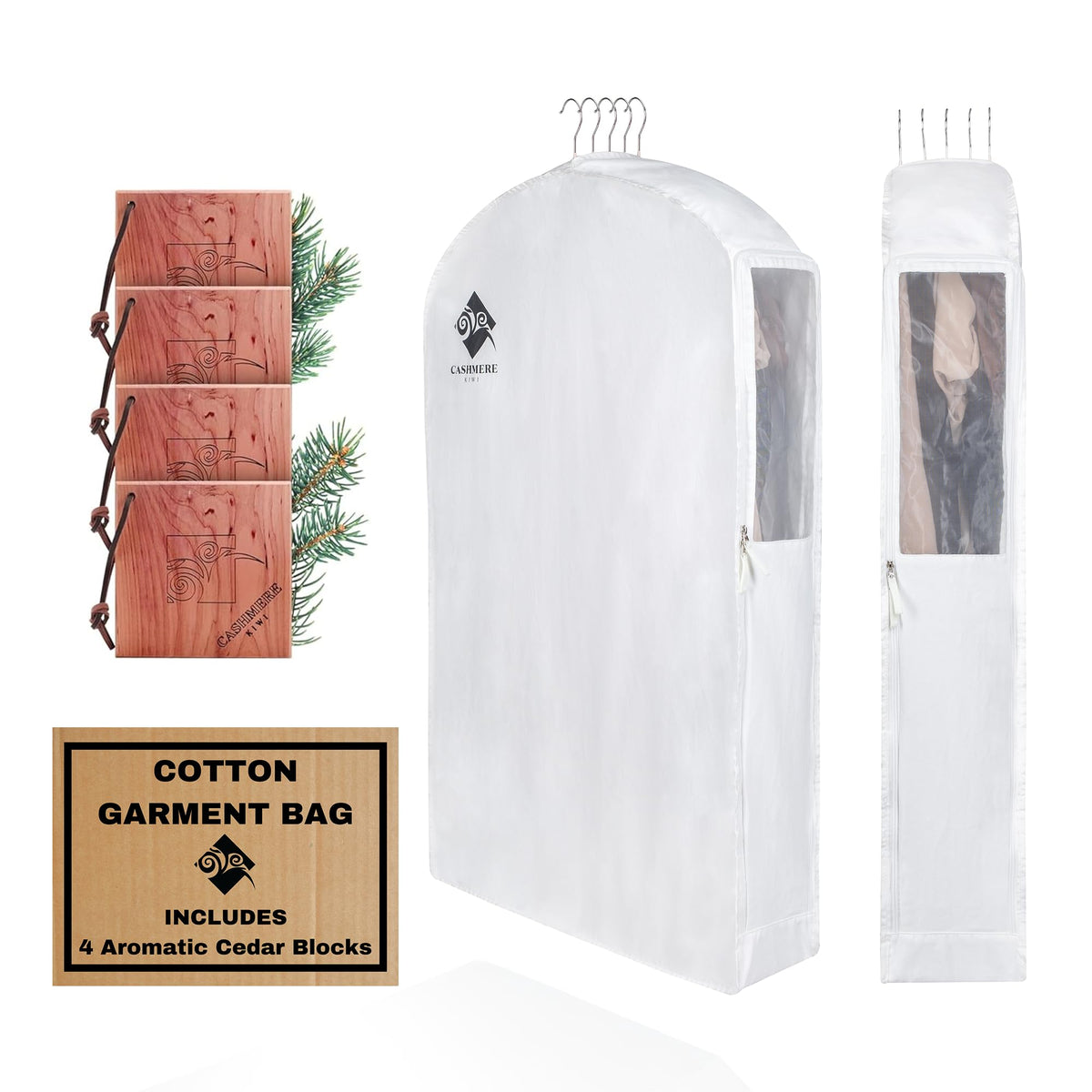 Premium 40    Short Cotton Garment Bag For Hanging Clothes And Storage | Wide 6    Gusset & 4 Cedar Blocks For Fresh Smell And M