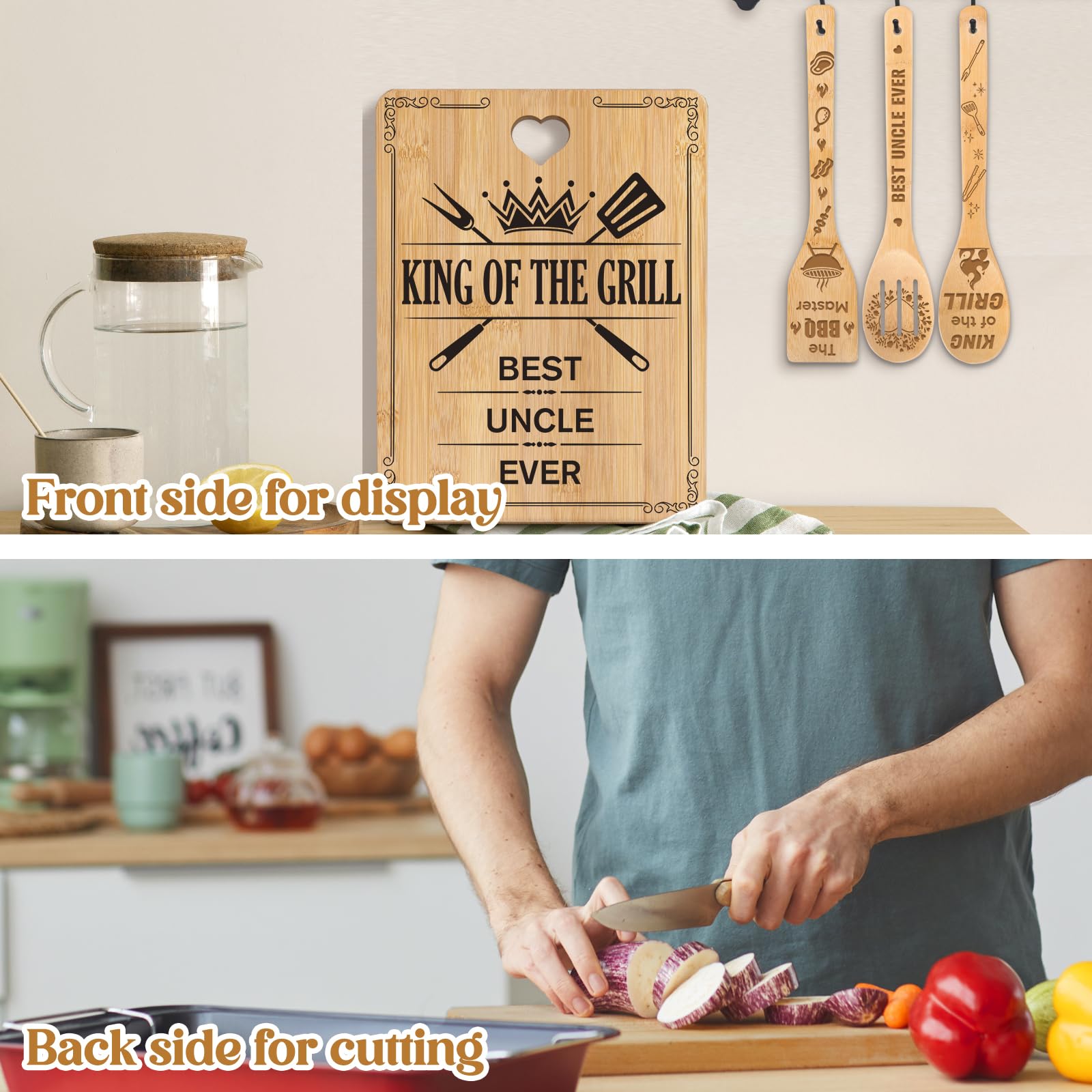 Best Uncle Gifts -  King of The Grill, Best Uncle Ever  Uncle Christmas Gifts Cutting Board Set, Bamboo-Made Engraved Utensil Se