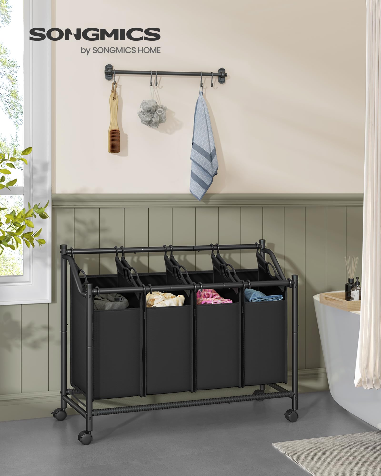 Songmics Laundry Sorter, Rolling Laundry Basket With 4 Removable Bags, Laundry Hamper, Laundry Cart, For Laundry Room, Bedroom,