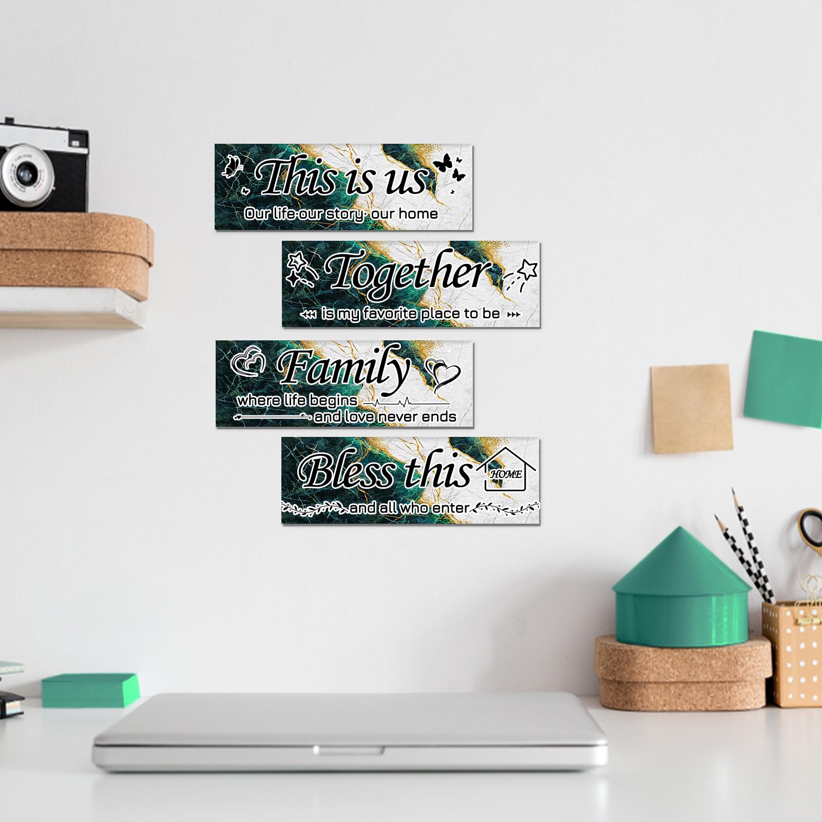 Lnond 4 Pieces Green White Marble Living Room Wall Decor, Motivational Home Family Rustic Wall Art Decor for Bedroom Living Room