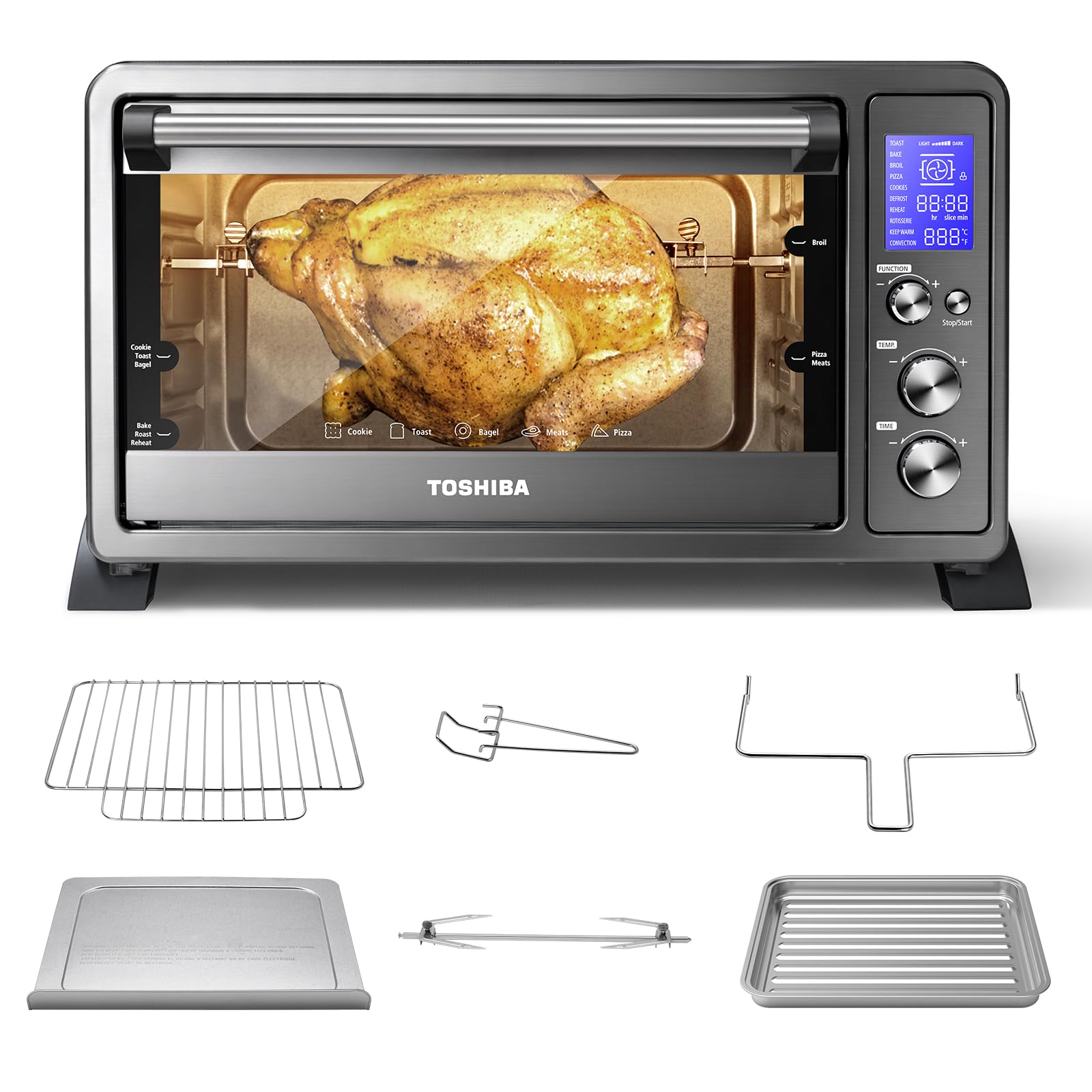 TOSHIBA AC25CEW-BS Large 6-Slice Convection Toaster Oven Countertop  10-In-One with Toast  Pizza and Rotisserie  1500W  Black Stainless Steel  Includes 6 Accessories