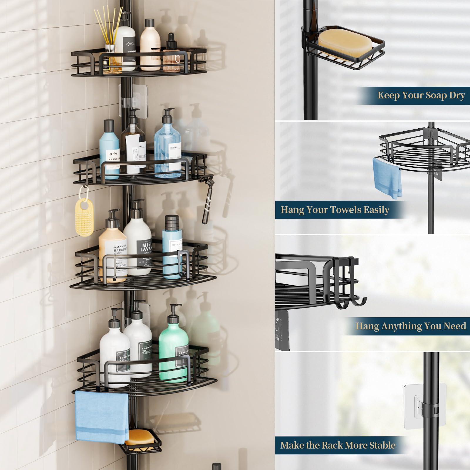 Consumest Corner Shower Caddy Organizer - Rustproof Shower Organizer Corner Tension Pole With Towel Bar & Soap Holder, Adjustabl