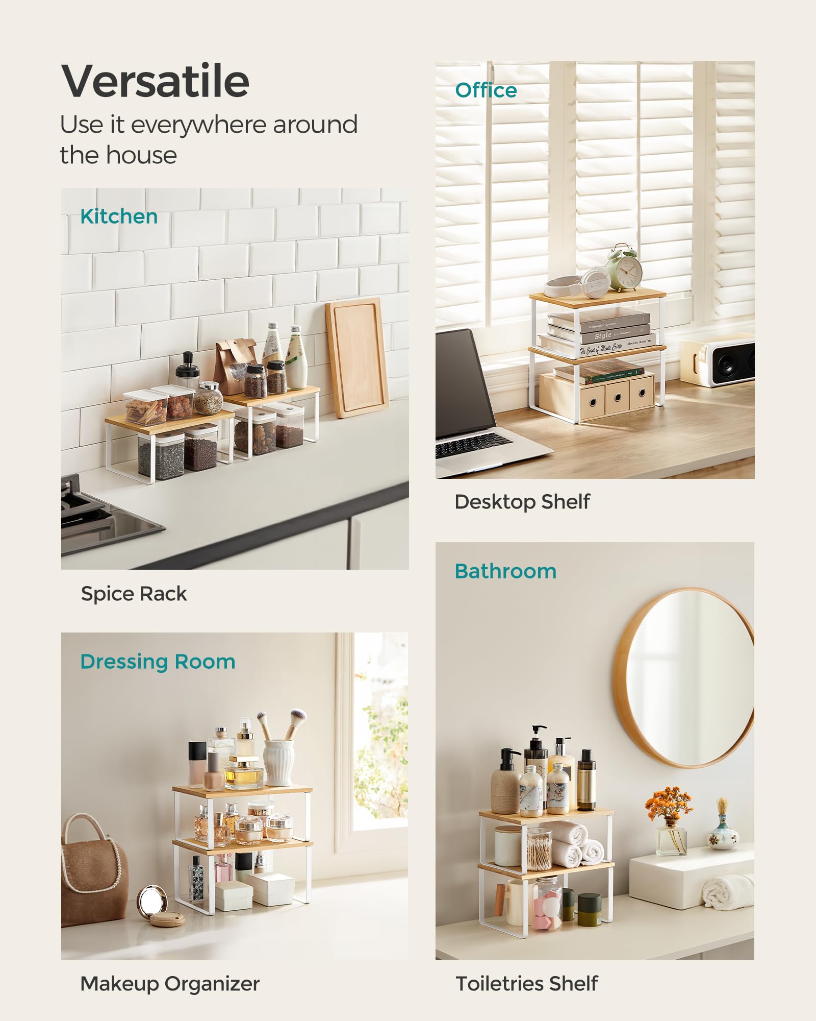 Songmics Cabinet Organizer Shelf, Set Of 2 Kitchen Counter Shelves, Kitchen Storage, Spice Rack, Stackable, Expandable, Metal An