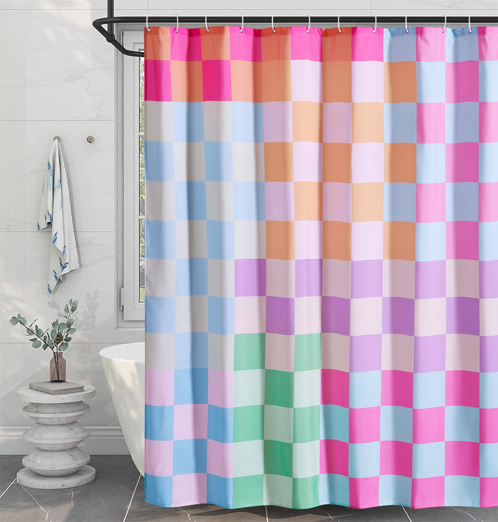 Roomtalks Multicolored Checkered Retro Fabric Shower Curtain For Bathroom, Heavy Duty Pastel Rainbow Colorful Modern Simple Groo