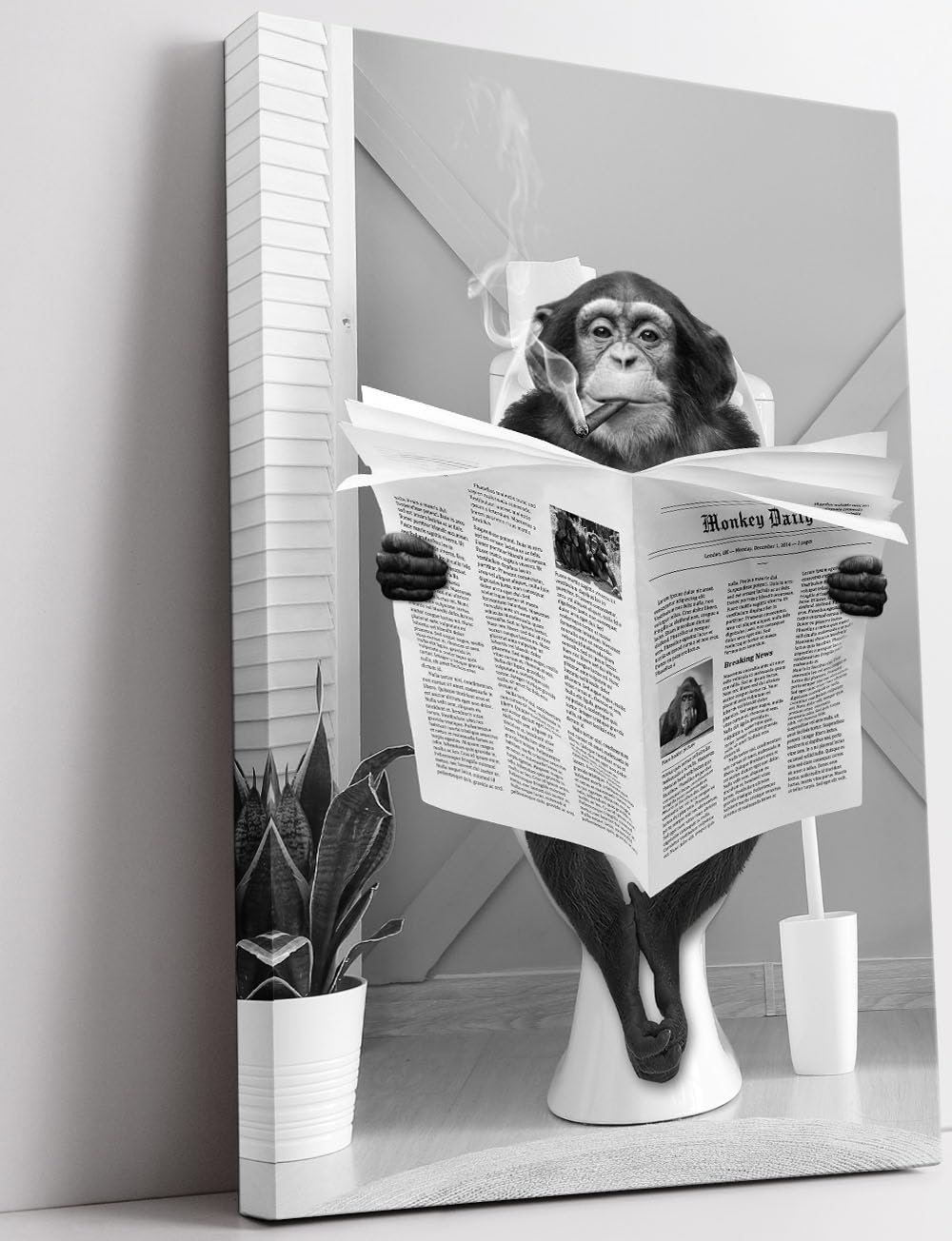 Biufo Monkey Reading Newspaper Canvas Wall Art Picture Animal Portrait Artwork For Bathroom Bedroom Decor (16''X24'')