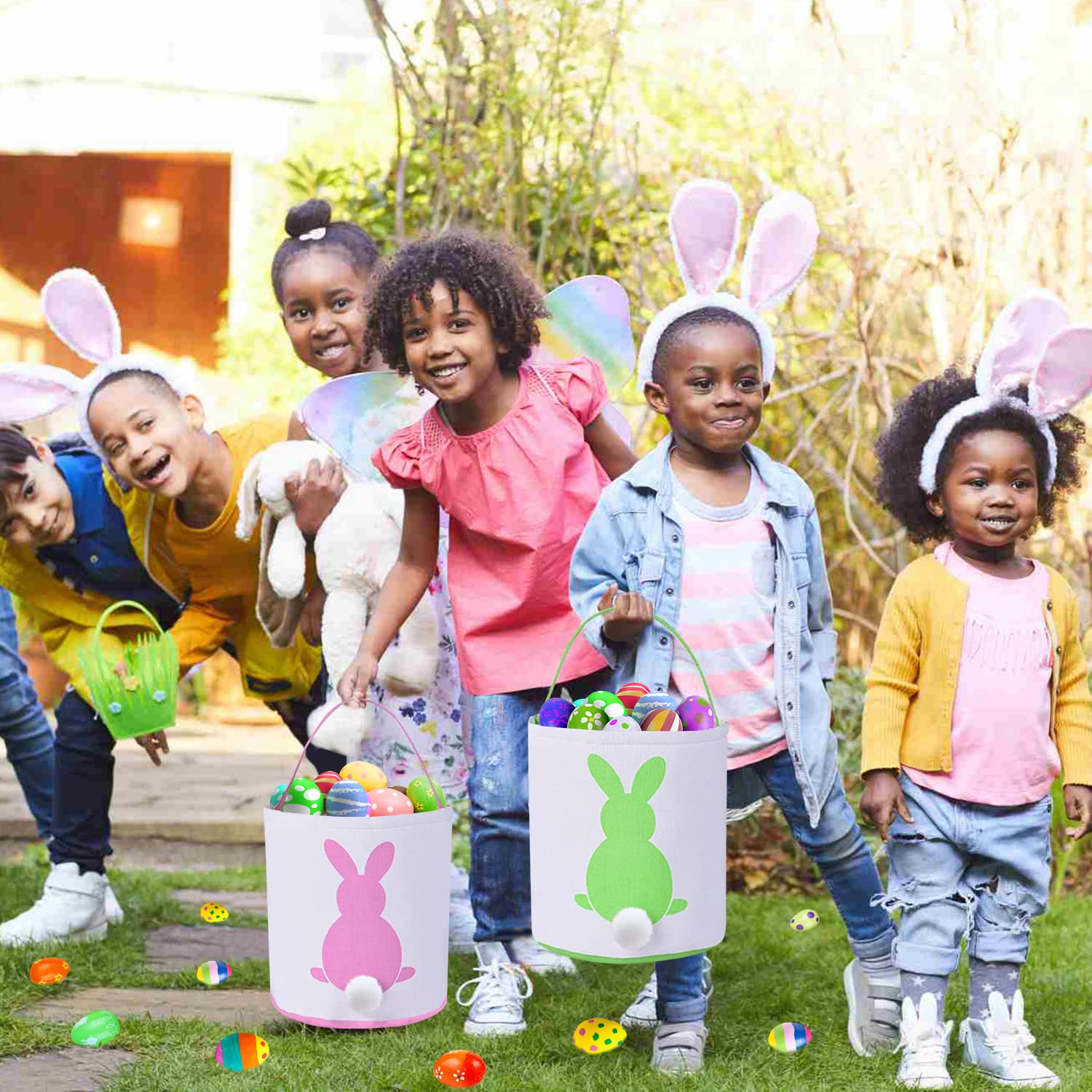 8 Pack Easter Bunny Bags Rabbit Ear Easter Baskets Easter Egg Hunt Basket for Kids Bunny Canvas Tote Gifts Bags Candy Bags Canvas Rabbit Fluffy Tail Basket Buckets Easter Egg Hunt Party Decorations