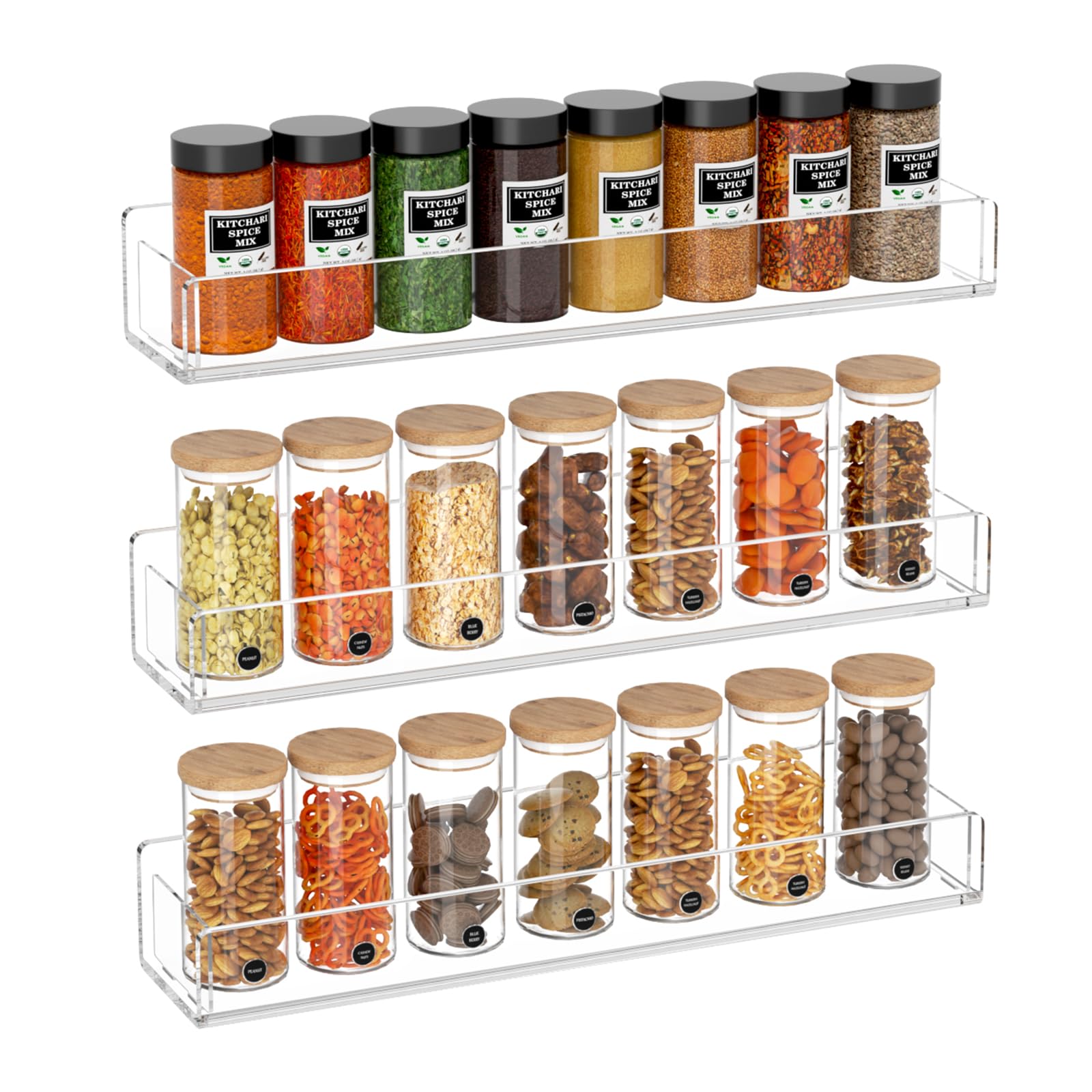 NIUBEE Wall Mounted Spice Rack Organizer,3 Pack Clear Acrylic Spice Shelf Storage Holder,Hanging Seasoning Rack Organizer for Wa