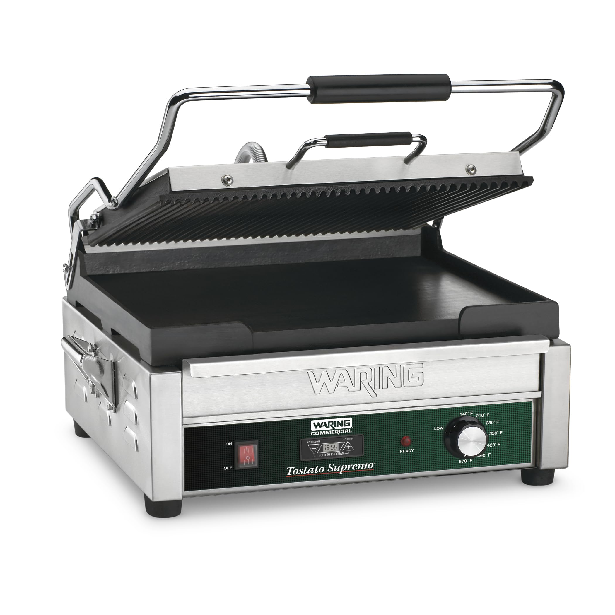 Waring Commercial Panini Press with Timer, Ribbed & Flat Cast Iron Plates, 14.5 x 11 Cooking Surface, 570F Adjustable Thermostat