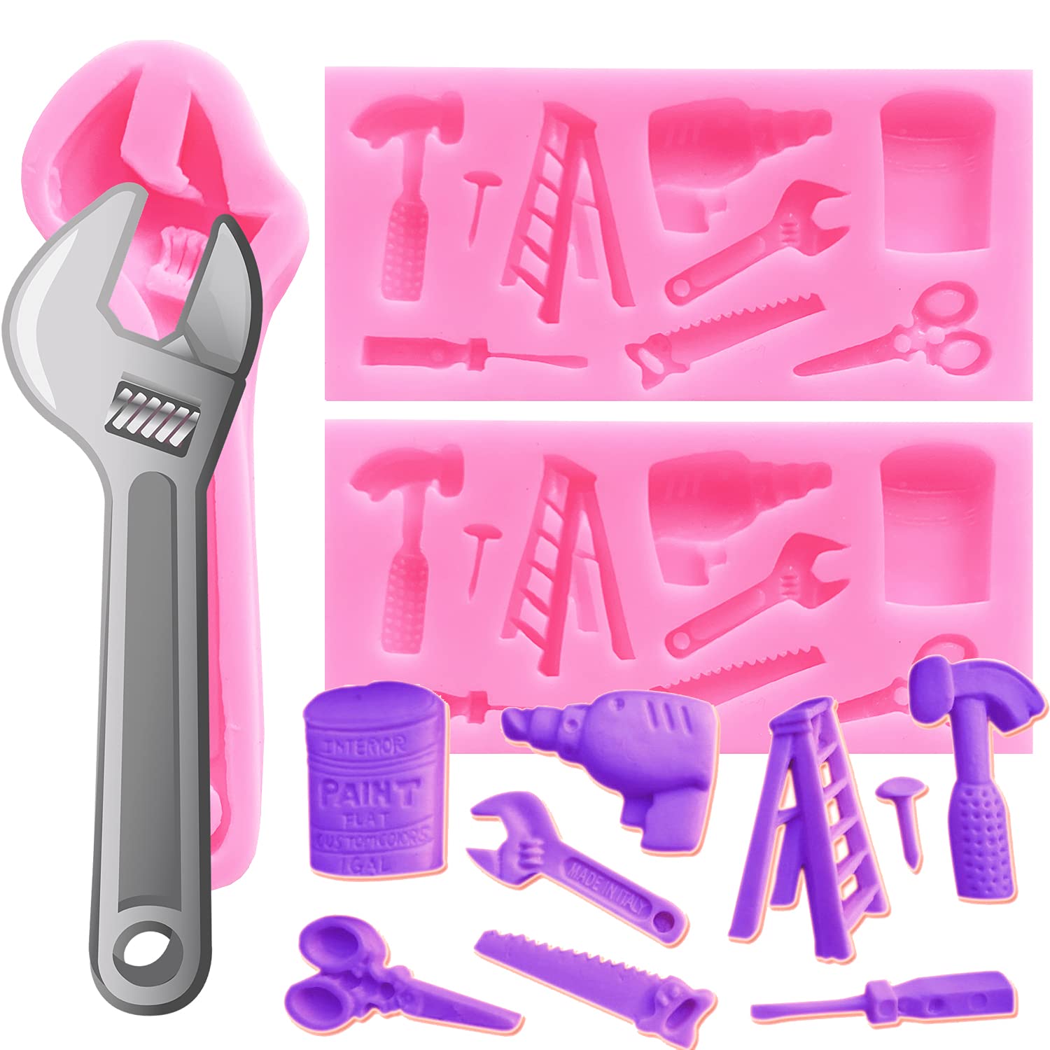 Doumeny 3Pcs Hardware Tools Silicone Mold,Construction Tools Fondant Molds Wrench Chocolate Mold 3D Sugar Fondant Mold Mini Hand