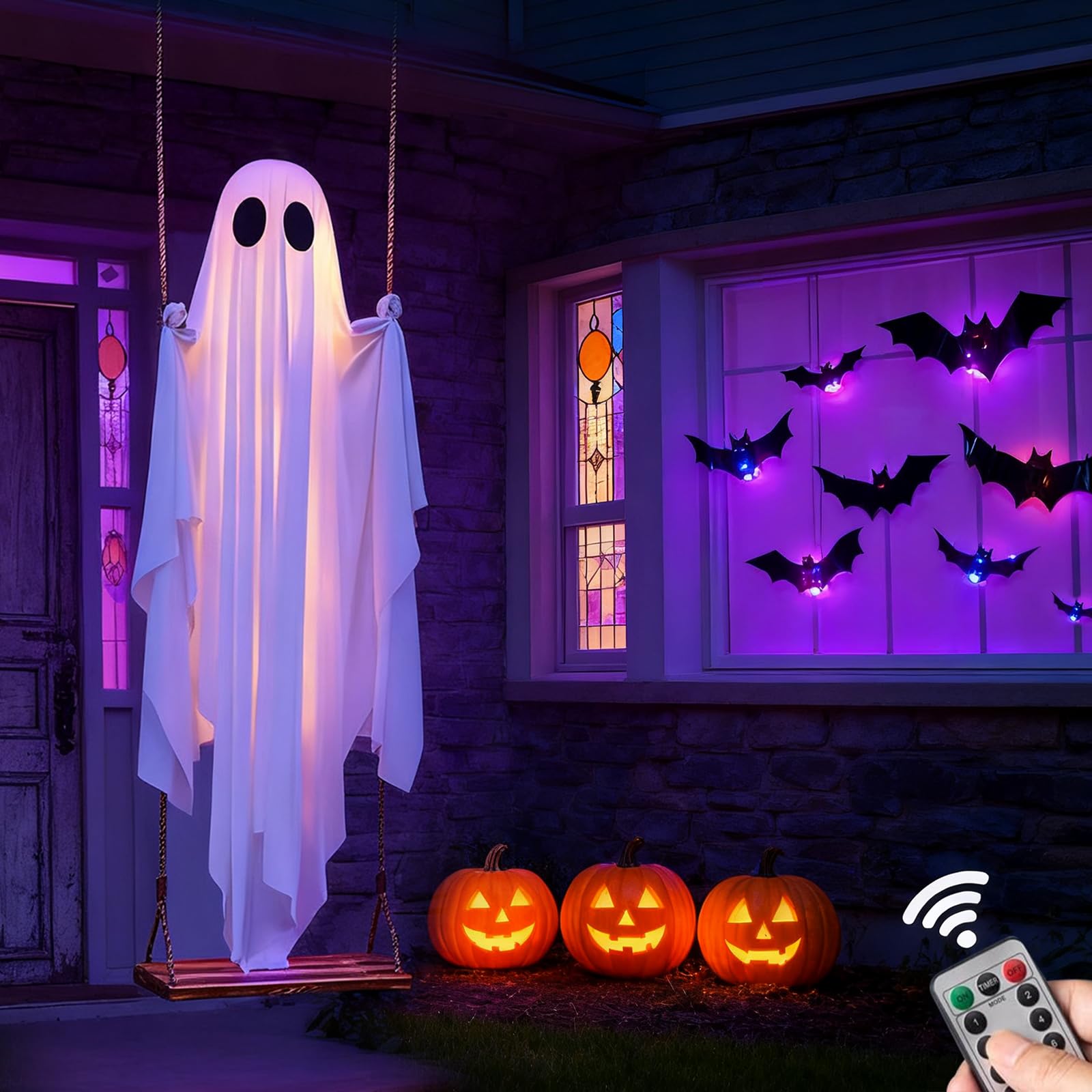 Halloween Decorations Outdoor - 5 Ft Large Hanging Swing Ghost Halloween Decor with String Lights - 3D Lighted Bat Spooky Cute G
