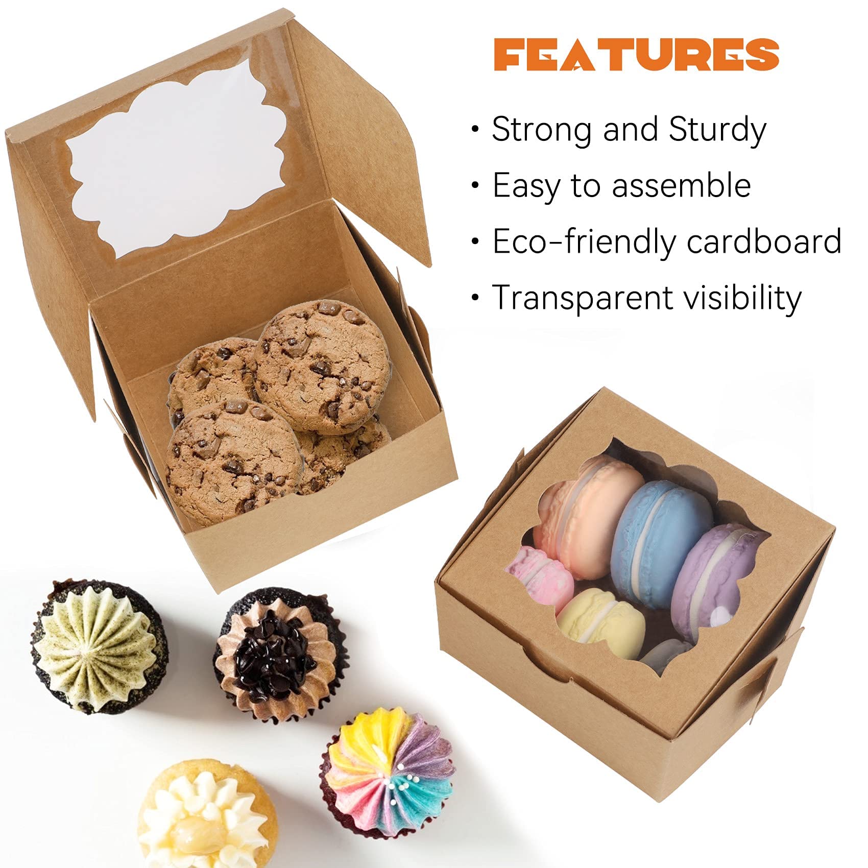 Yunko 50 Pack Cookie Boxes 4X4X2.5 Inches Bakery Boxes Dessert Boxes With Window For Chocolate Strawberries Muffins Donuts (Brow