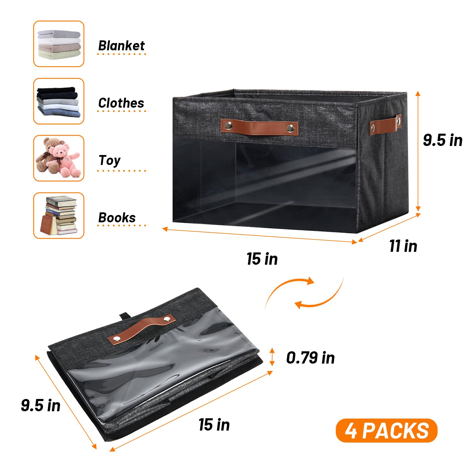 Hnzige Rectangle Large Storage Bins For Shelves With Clear Window, Collapsible Storage Bin Baskets For Shelves 3 Pack, Decorativ