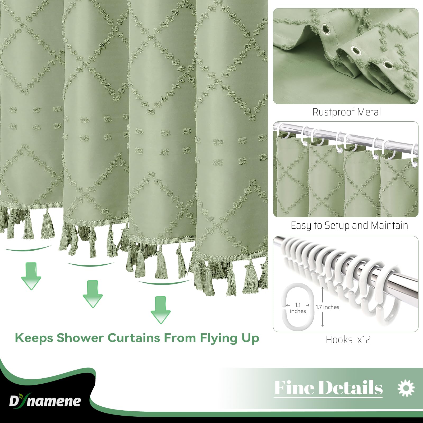 Dynamene Extra Long Shower Curtain, 84 Inch Long Boho Tufted Geometric Striped Fabric Shower Curtains For Bathroom, Tall Shabby