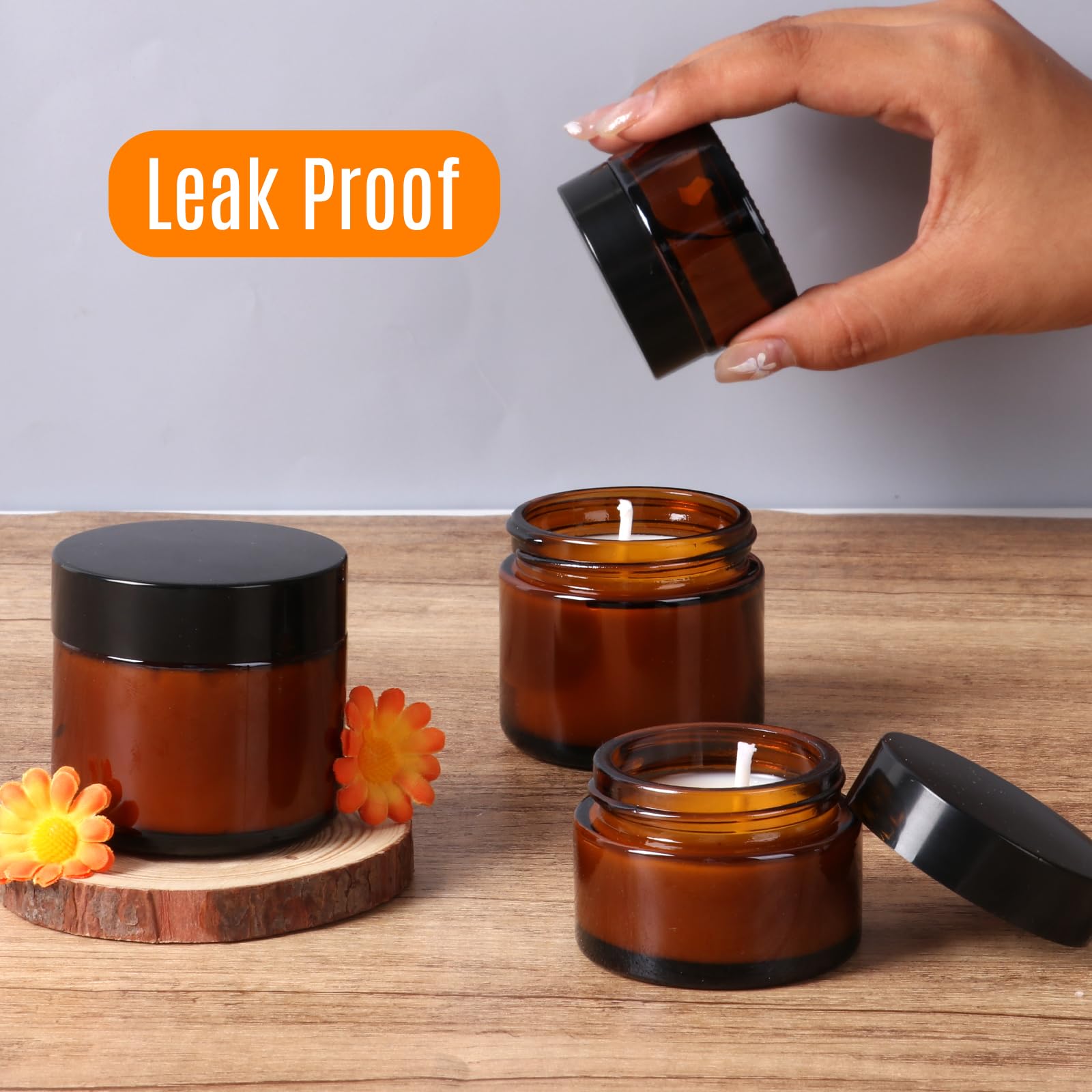 15 Pack 1 Oz Glass Jars With Lids, Amber Cosmetic Jars With Inner Liners And Black Lids, Lotion Jars, Candle Making Jars For Lot