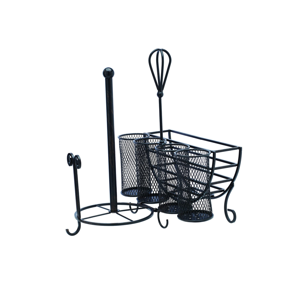 Gourmet Basics By Mikasa 5176813 Avilla Picnic Plate Napkin And Flatware Storage Caddy With Paper Towel Holder, Antique Black, C
