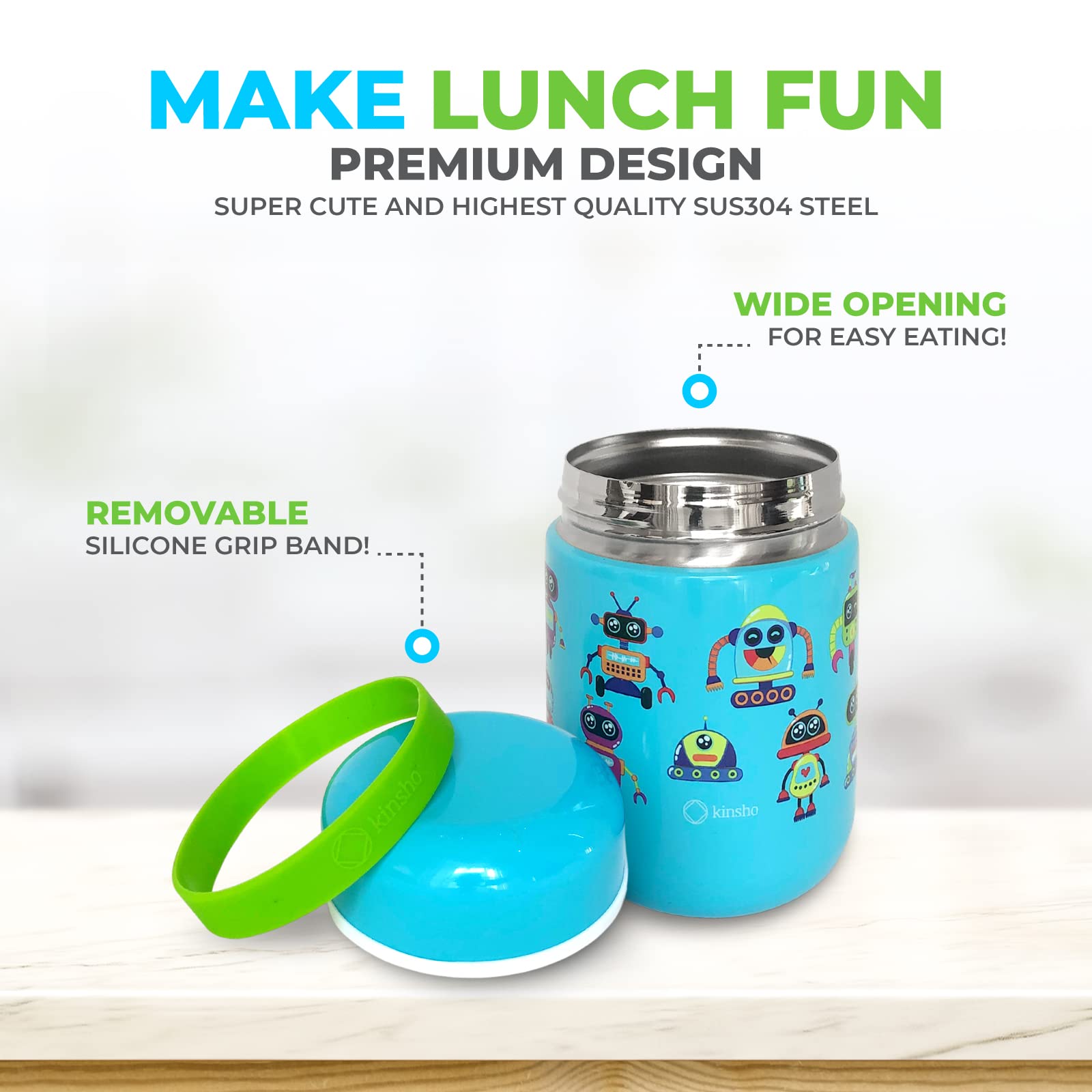 kinsho Kids Thermos for Hot Food Soup Lunch  Insulated Stainless Steel Wide Mouth Jar  Container for Girls Toddlers Day Care Pre-School  Leakproof Easy Grip Thermal Vacuum Seal 10 oz  Robots