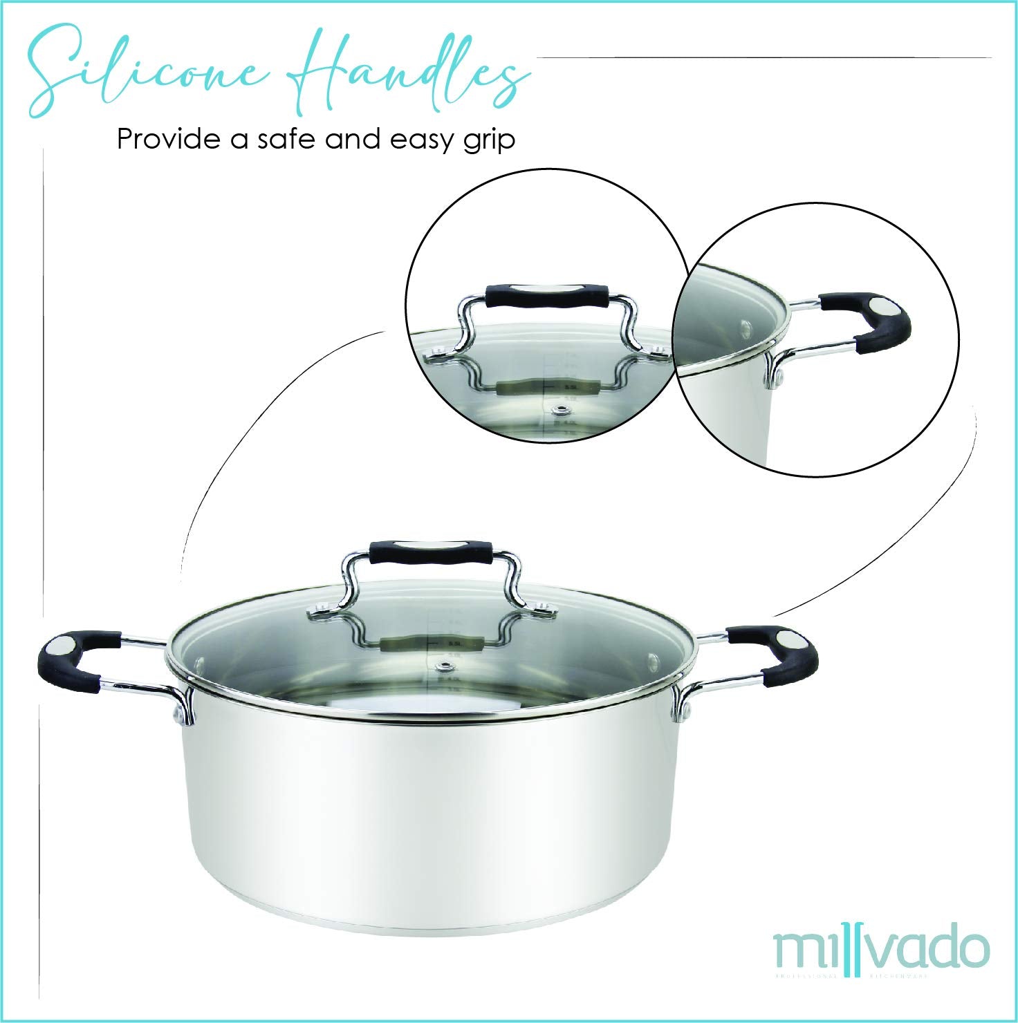 Millvado Stainless Steel Casserole Pot, Large Steel Dutch Oven, Boiling Pot For Soup, Spaghetti, Braising, 12.6 Quart Induction