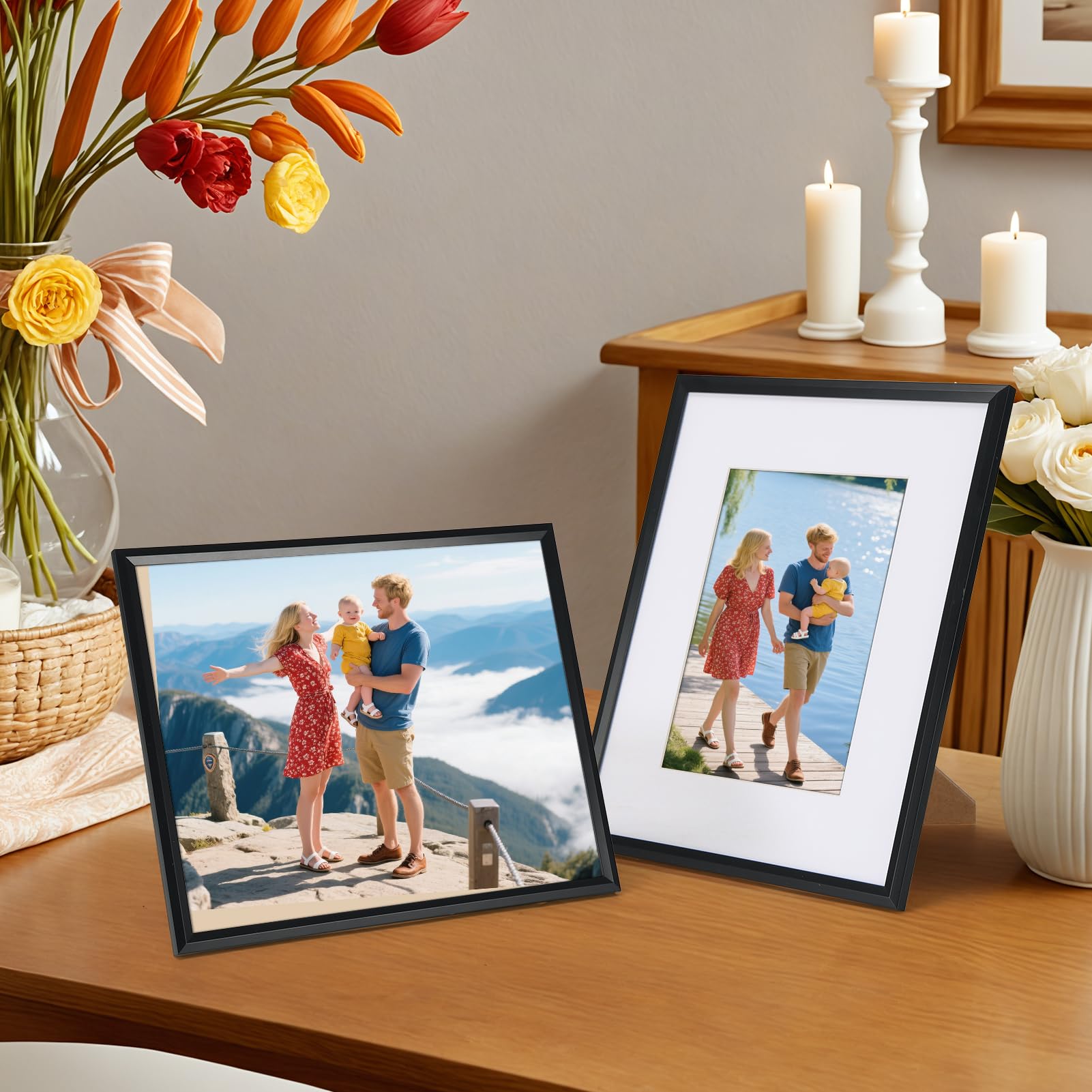 MEBRUDY 8x10 Picture Frame Set of 6, Display 5x7 Pictures With Mat or 8x10 Without Mat, Photo Frames for Tabletop or Wall, Black