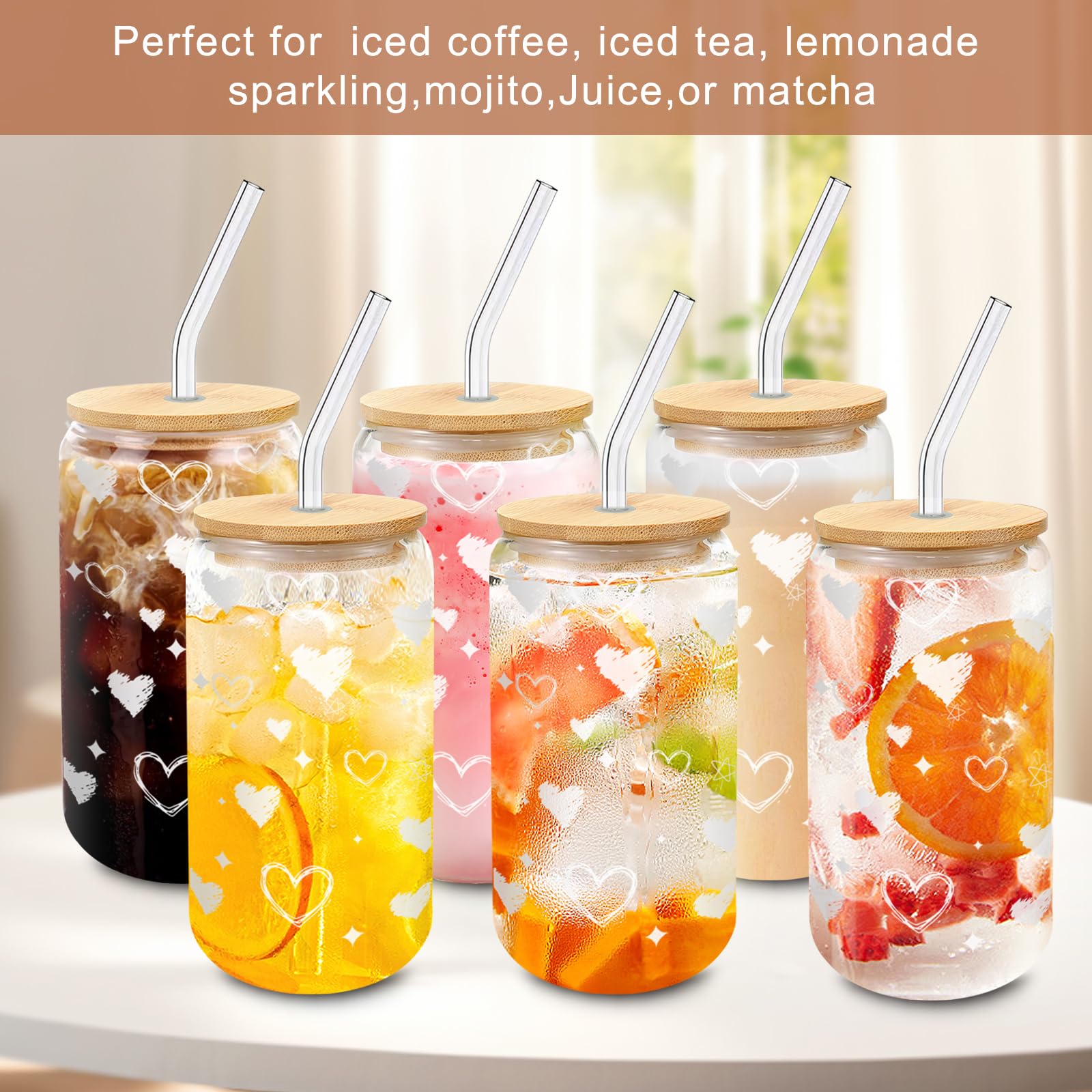DAMCONME Glass Cups with Lids and Straws - 16oz Iced Coffee Tumblers, Heart Glass Cup Set of 6 for Cold Drinks, Brunch, Girls Ni