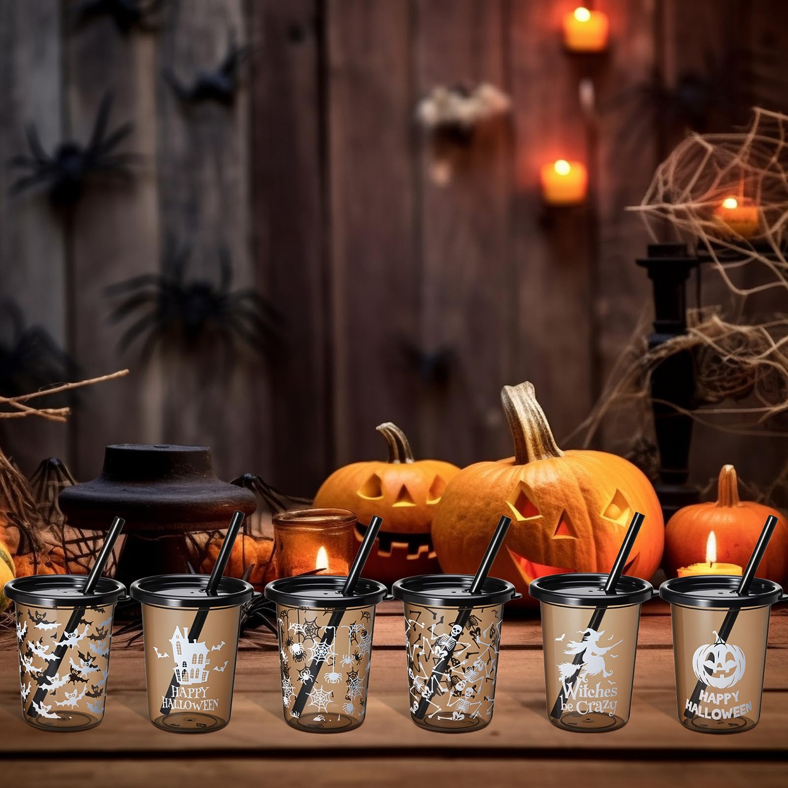 Nuanchu 24 Pcs Halloween Cups for Kids Plastic Tumbler with Lids and Straws 10 Oz Reusable Toddler Cups for Happy Halloween Part