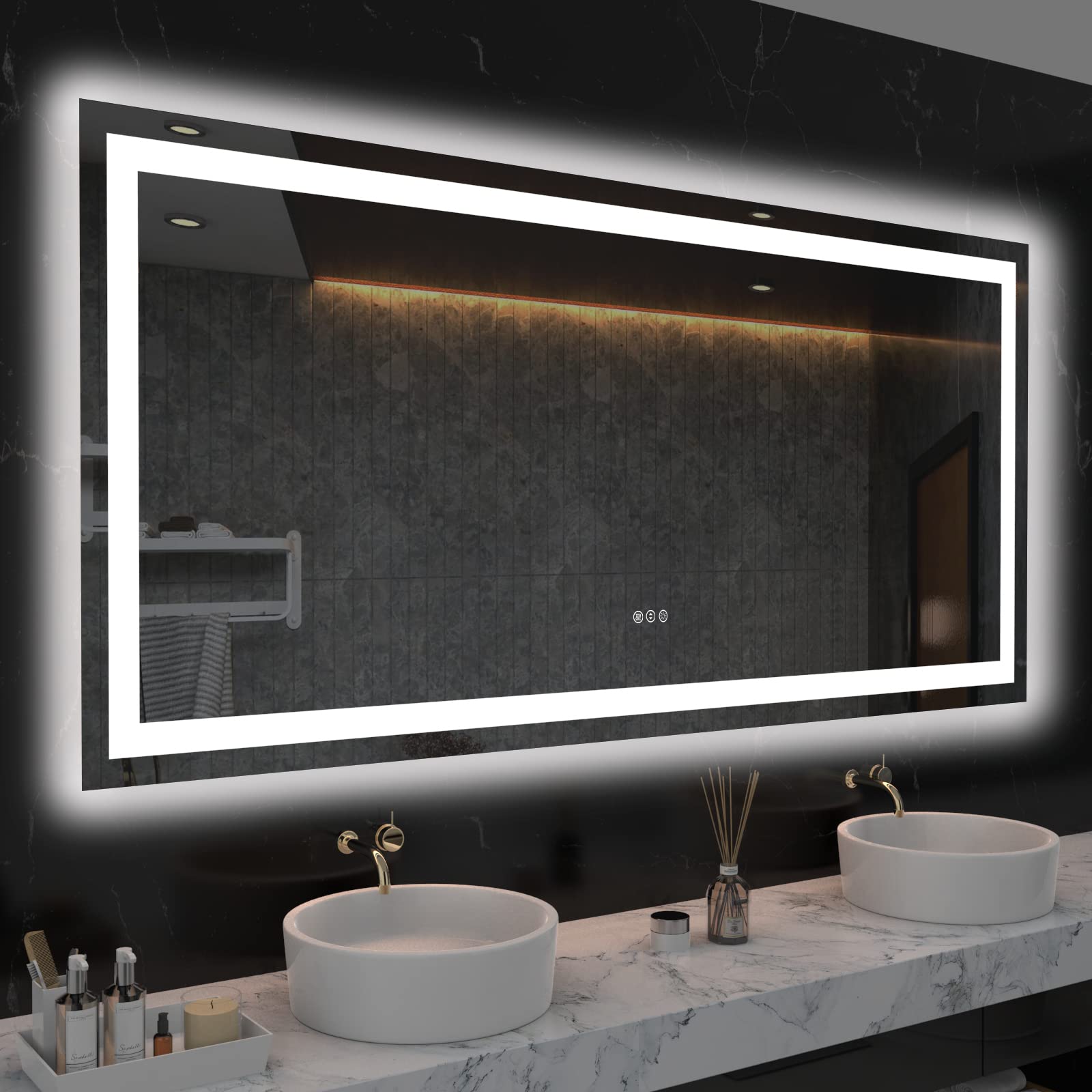 Loaao 60X36 Led Bathroom Mirror With Lights, Anti-Fog, Dimmable, Backlit + Front Lit, Lighted Bathroom Vanity Mirror For Wall, M