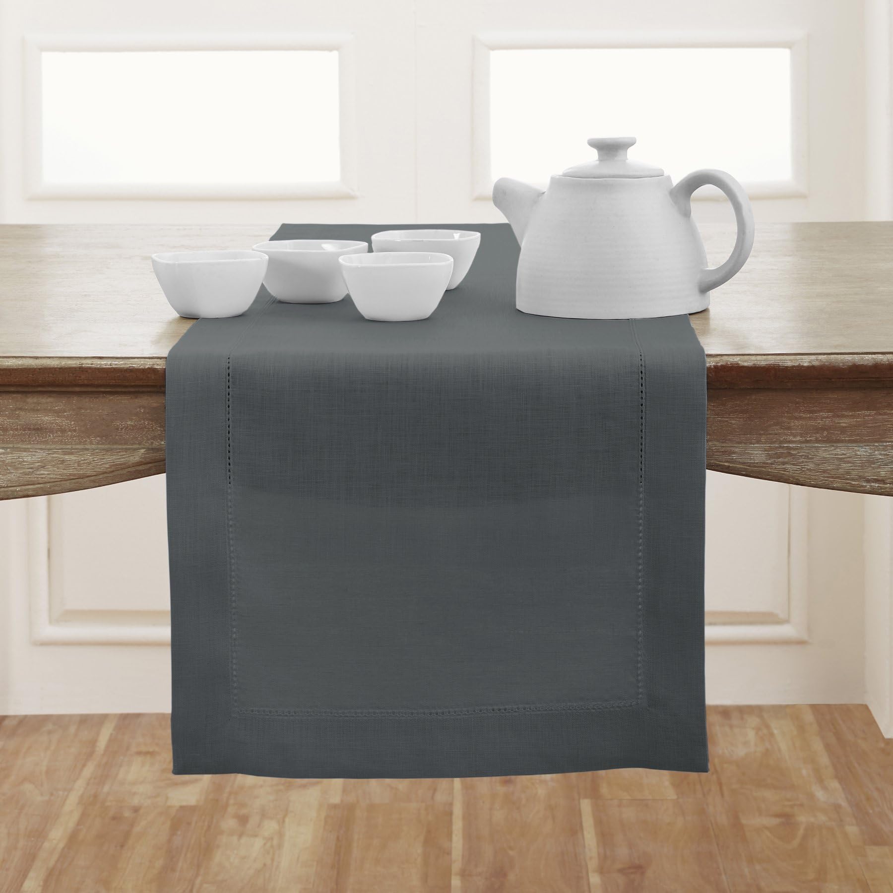 Solino Home Linen Dark Grey Table Runner 60 Inch - 100% Pure Linen Classic Hemstitch Short Table Runner 14 X 60 Inch Ideal For D