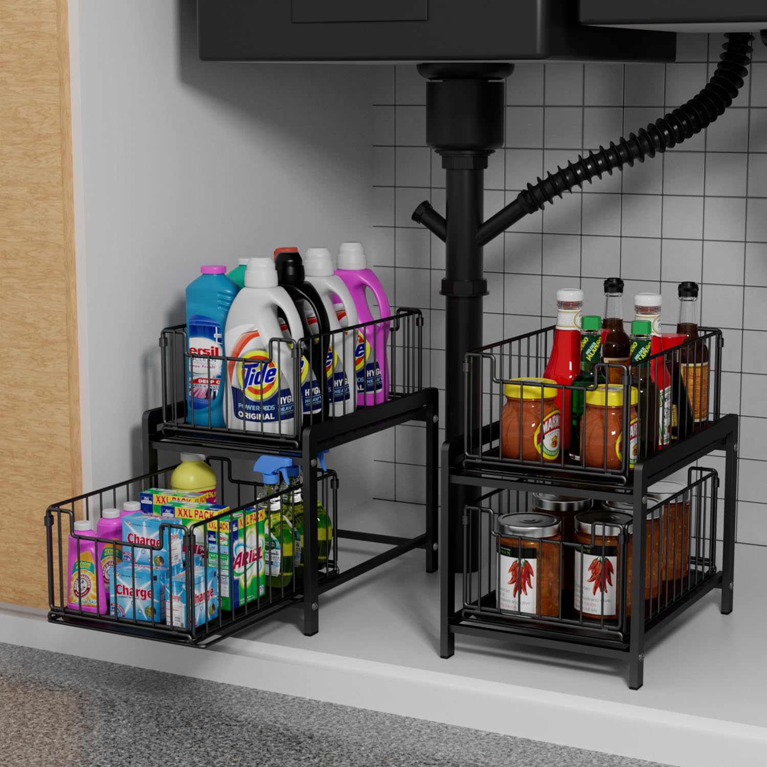 2 Tier Sliding Basket Drawer Organizer, Lxmons Pull Out Under Sink Cabinets Organizer, Metal Home Organizer Shelf For Bathroom O