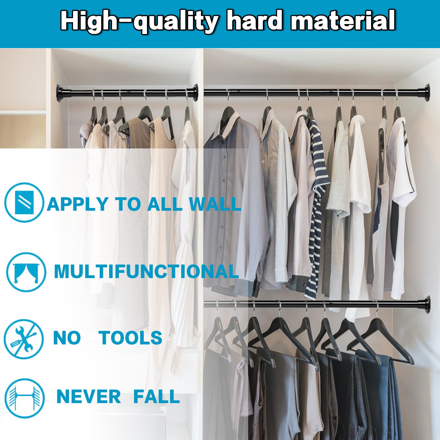 Closet Rod For Hanging Clothes, 30 To 98 Inch Adjustable Closet Hanging Pole, Space Saving Closet Tension Rods Heavy Duty Closet