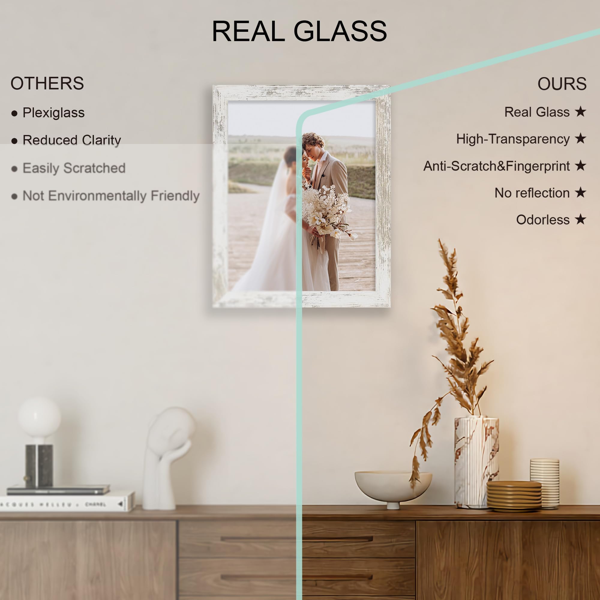 Hongkee 10x13 Picture Frame Set of 4, Made of Real Glass and Distressed White Frame, 10 by 13 Photo for Wall or Tabletop - Displ