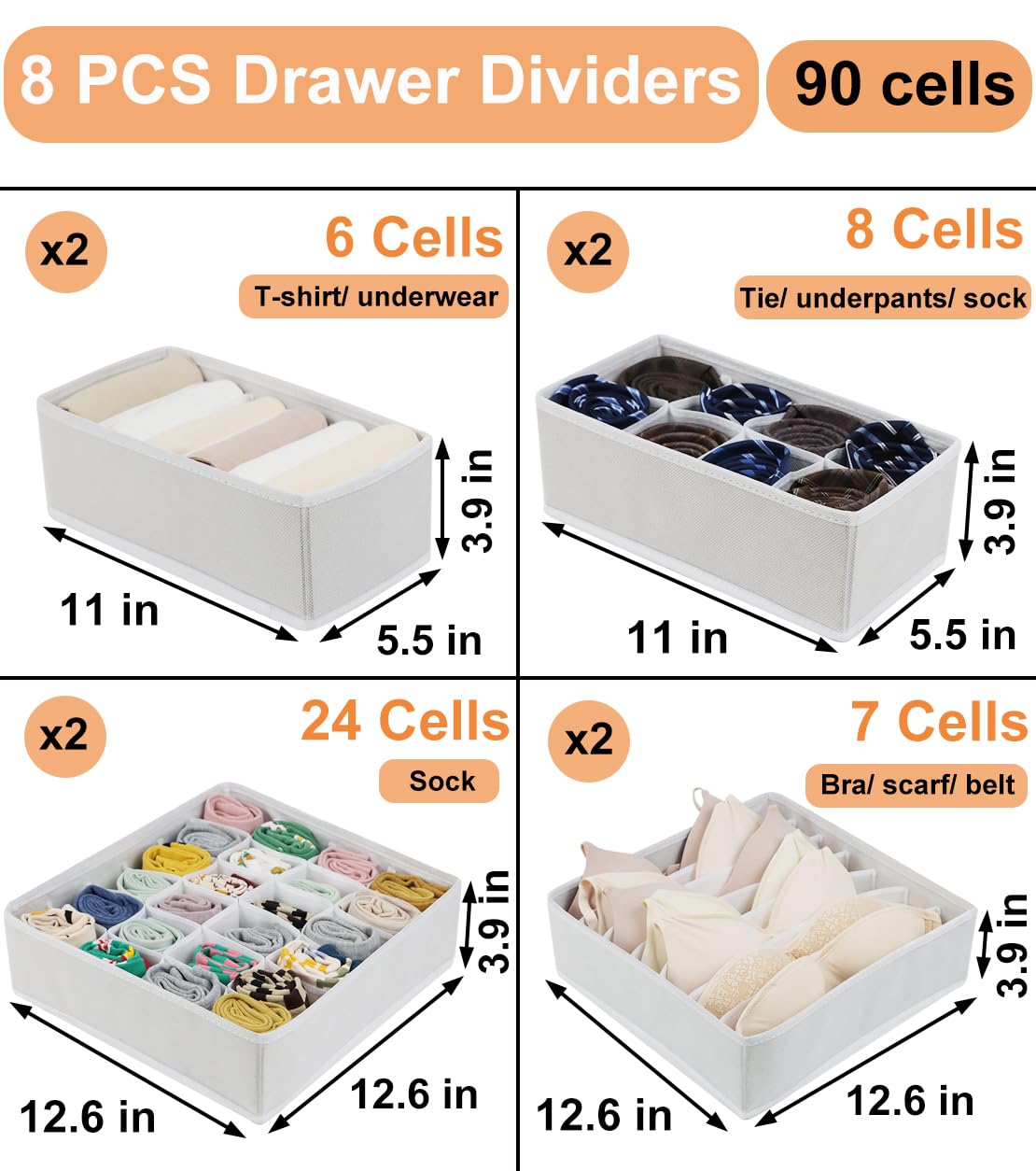 8 Packs Underwear Drawer Organizer Clothes, Foldable Bra Drawer Organizer Bins, 90 Cells Fabric Clothes Organizer Drawer Divider