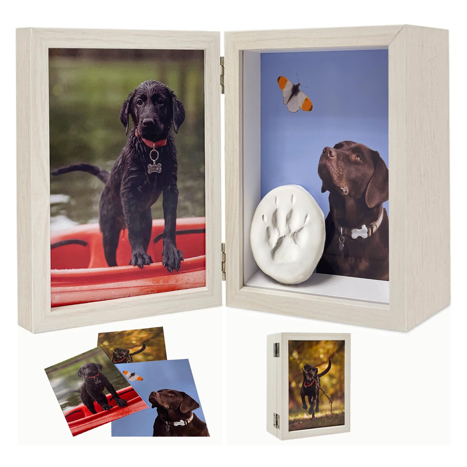 Favonuovy 5x7 Pet Memorial Picture Frame Shadow Box for Dogs and Cats Frame Keepsake for 3 Photos Pet Paw Print Display Shadow B