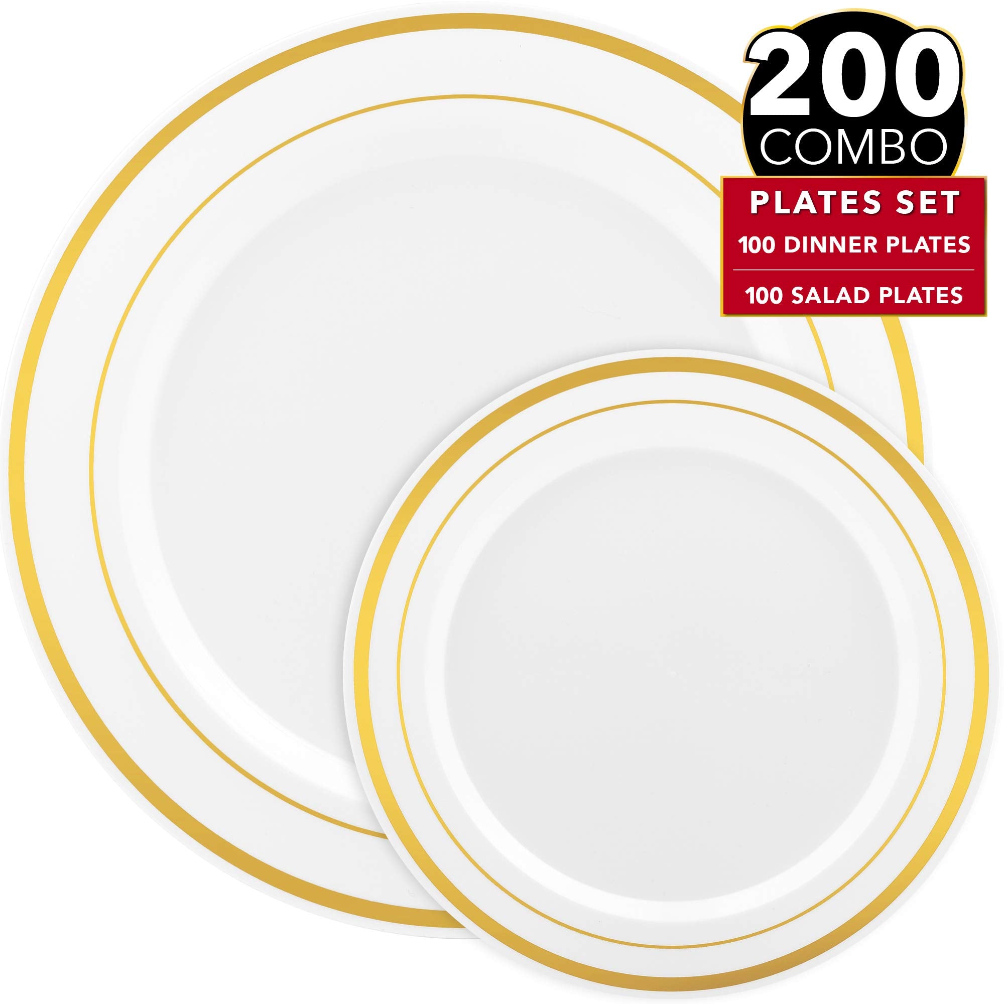Prestee 200Pc Gold Plastic Plates - 100 Dinner Plates & 100 Salad Plates, White + Gold-Rimmed Party Plates Disposable Heavy Duty