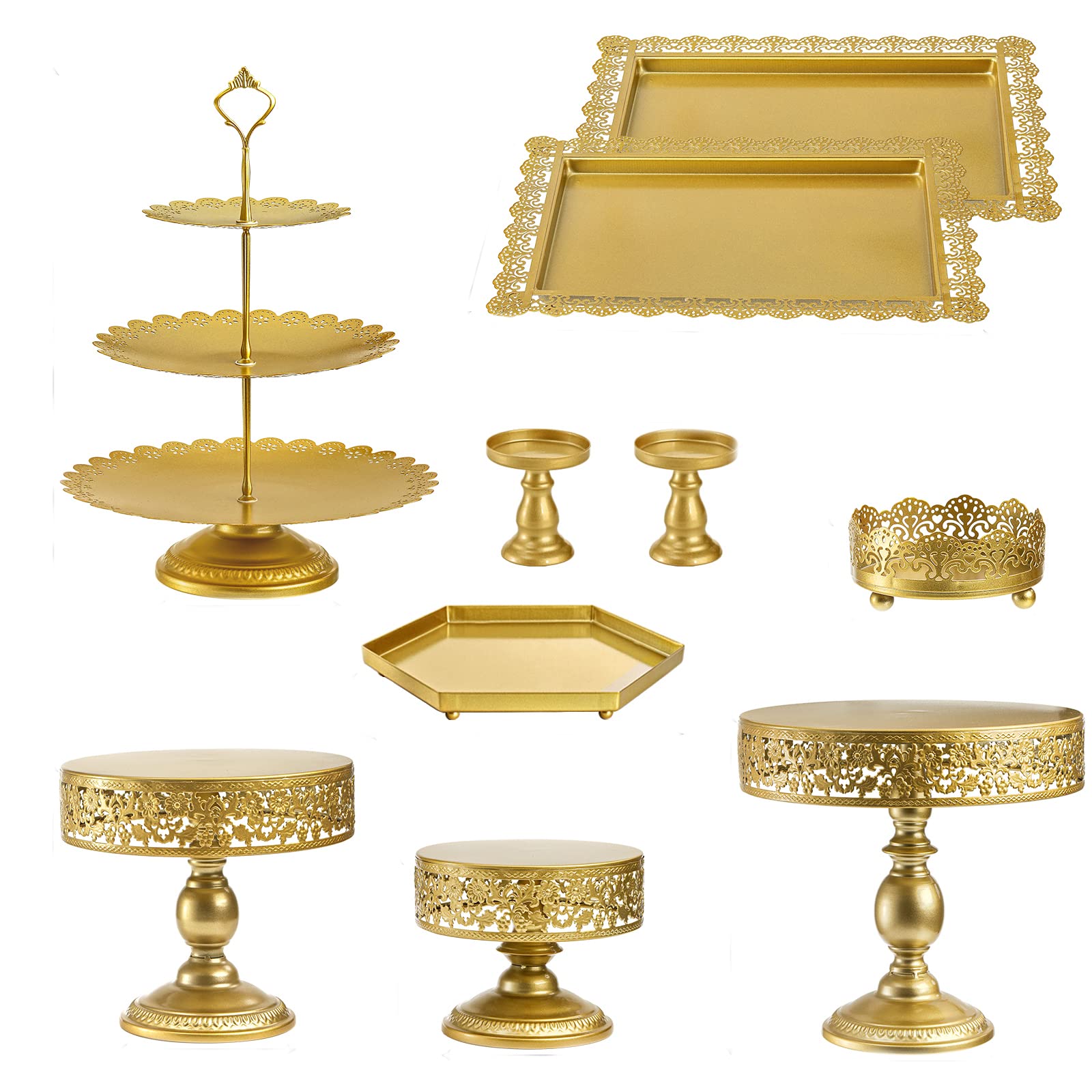 Jucoan 10 Pieces Gold Metal Cake Stand Set, Cupcake Holder Pastry Candy Fruits Serving Plate, Gold Dessert Table Stands And Tray