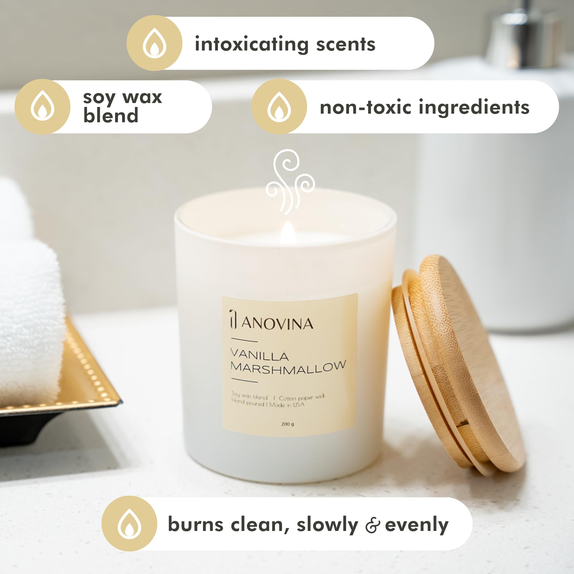 Anovina Vanilla Scented Candle with Gift Box. Candles for Home, Secented Candle Gifts for mom, Glass Jar with Bamboo Lid Hand Po