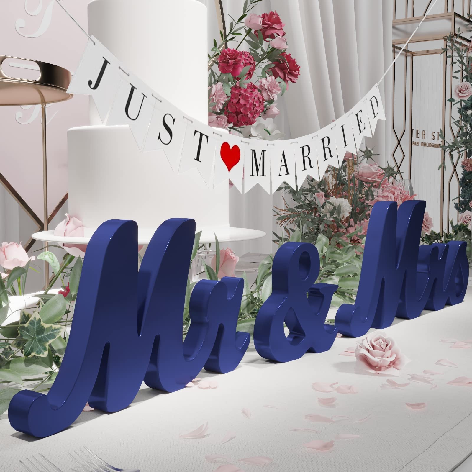 Viopvery Wedding Decorations Set,Large Blue Mr And Mrs Sign & Just Married Banner,Mr & Mrs Signs For Wedding Table,Wooden Letter