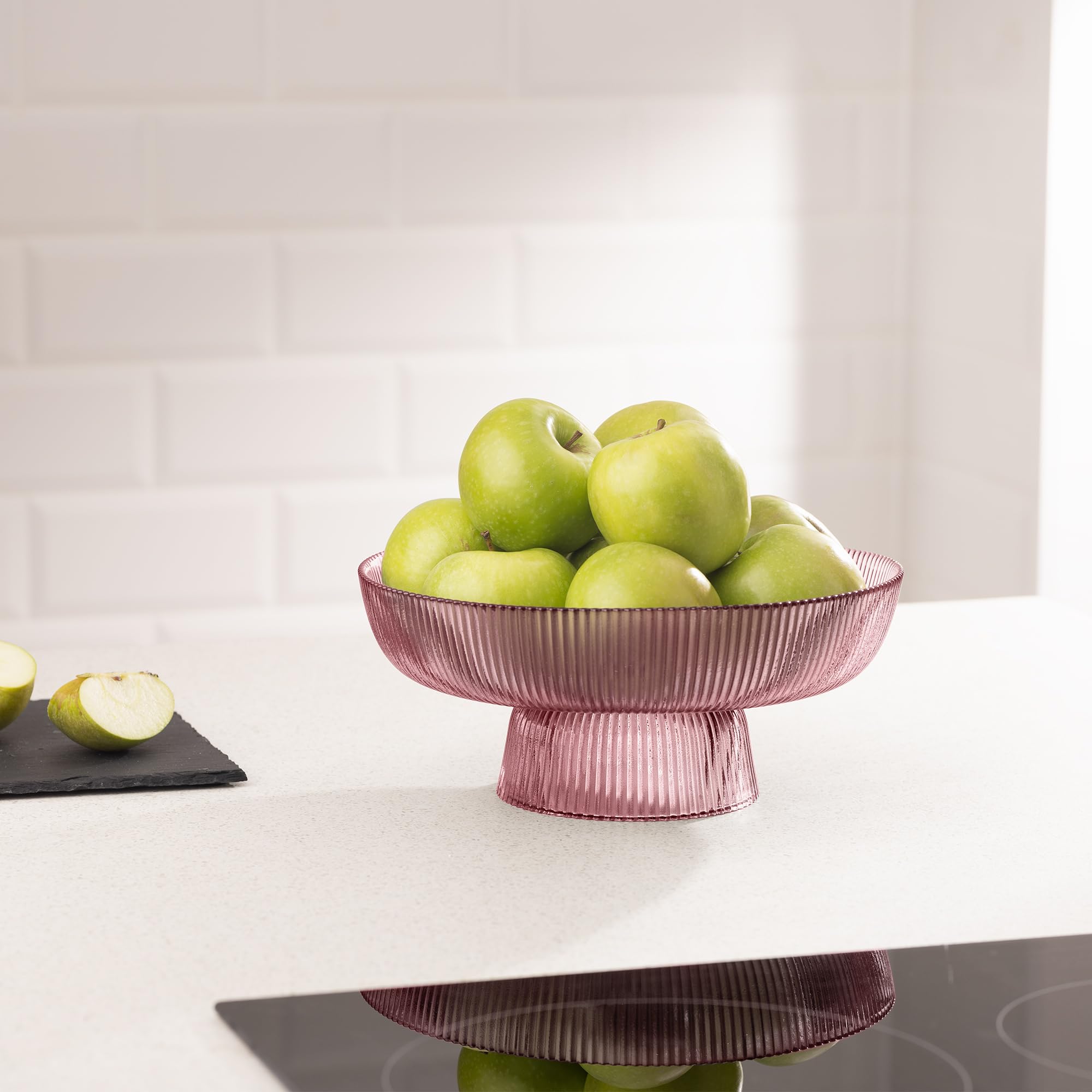 Navaris Decorative Fluted Coloured Glass Bowl - Fruit Snacks Sweets Centerpiece Dish - 26cm Diameter - Red Tinted