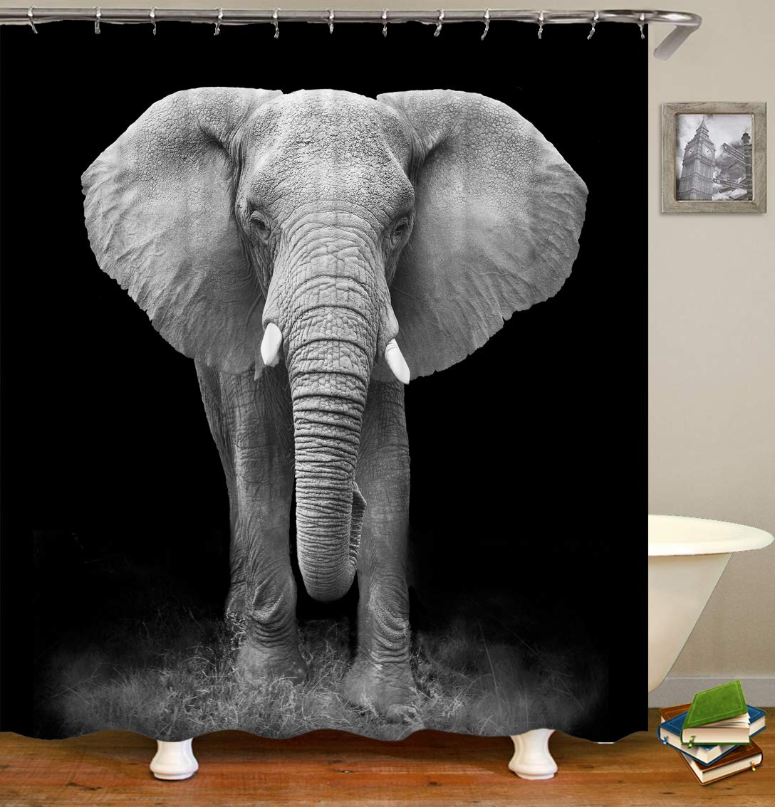 Tjz Home Elephants Shower Curtain, African Wild Animal Elephants Close-Up Black Gray Polyester Cloth Print Bathroom Curtains Inc